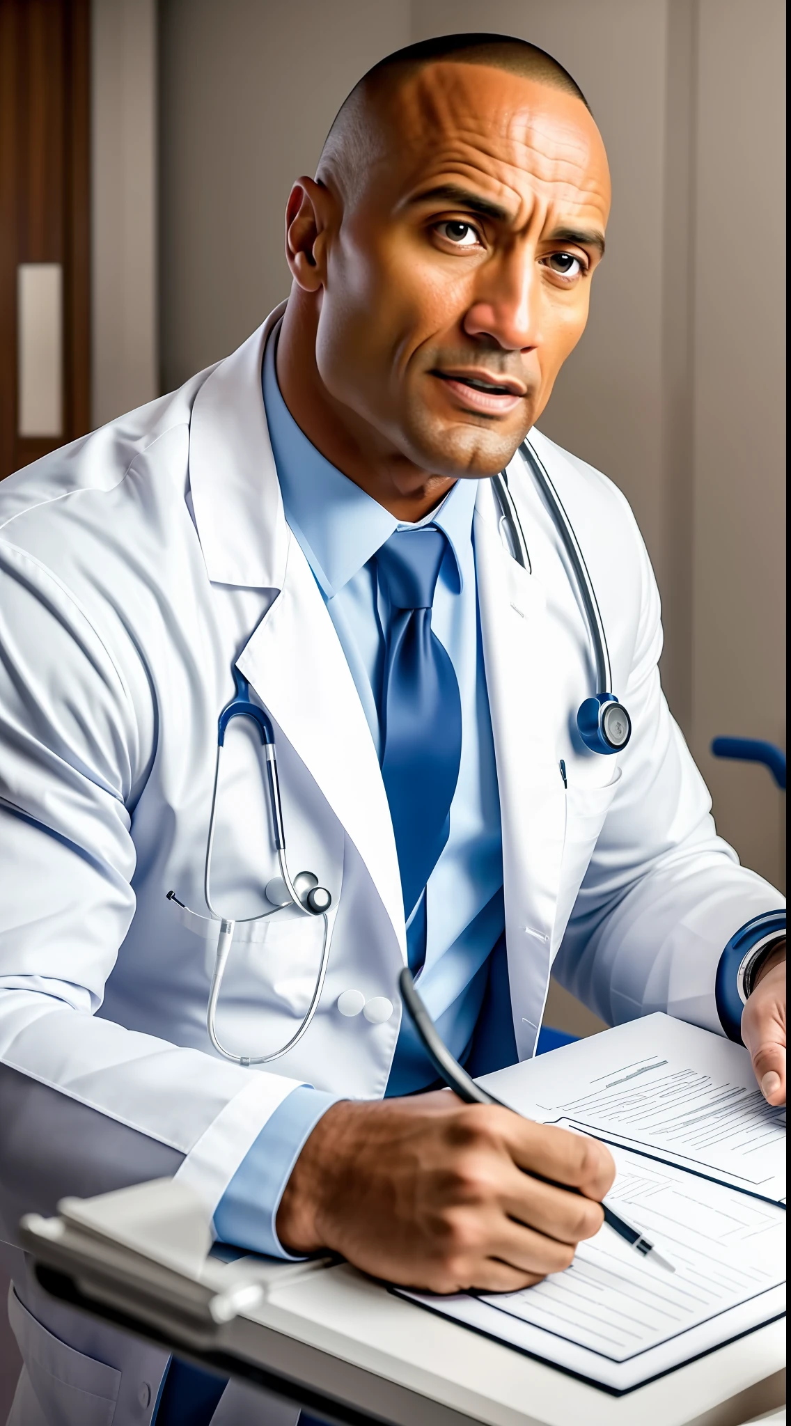 (Best quality, 8k, 32k, masterpiece, UHD: 1.2), Actor The Rock working as a doctor in a busy hospital, wearing white lab coat and stethoscope, caring for patients with compassion and expertise, conveying confidence and dedication, realistic