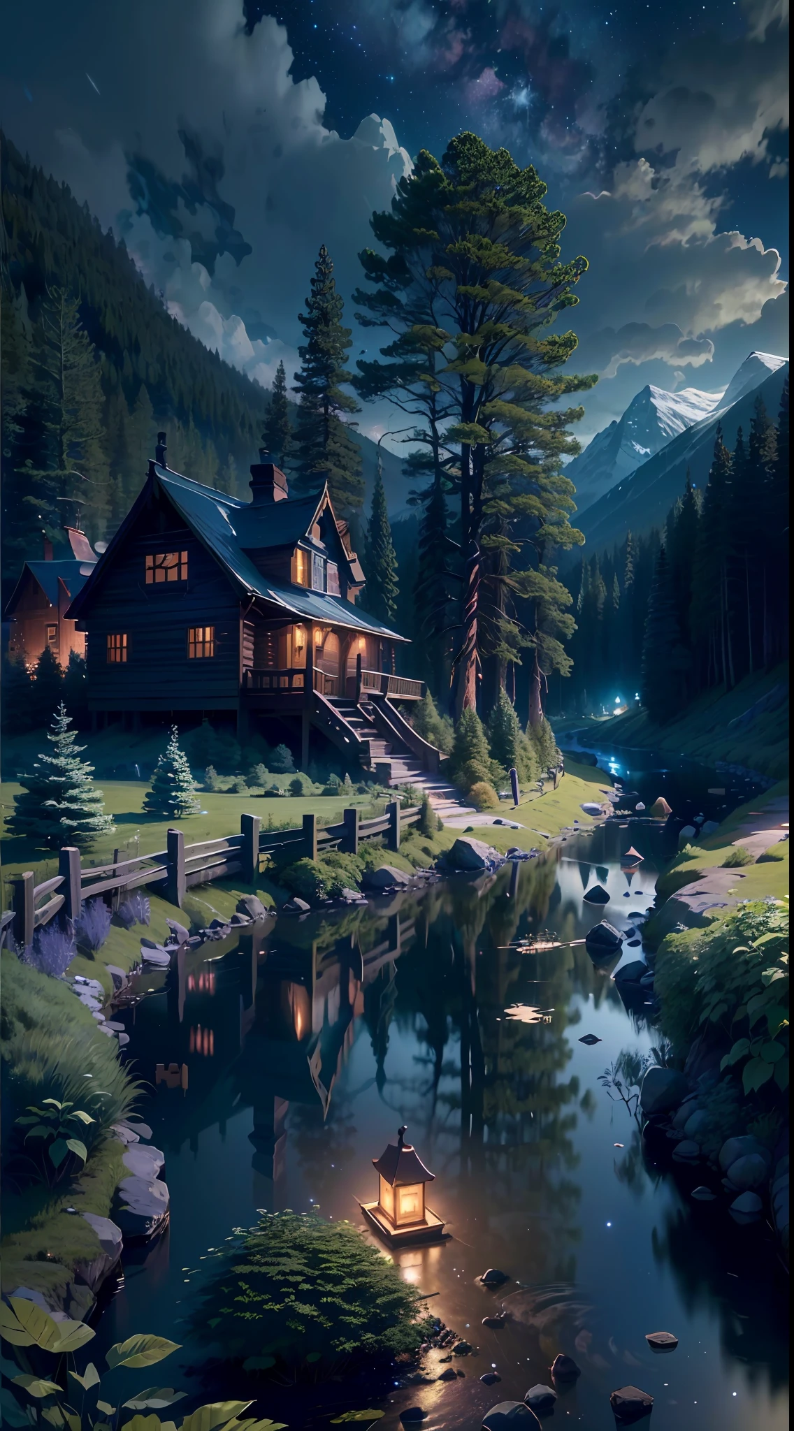 (8K resolution, highest quality, ultra-detailed, ethereal, tree detail, river detail, stretching valley, (vista), forest, dreamy night sky, lights, wooden house, lush foliage, town lights, distant mountains, volumetric light effect beautiful), wide angle, (8k), (4k), (masterpiece), (best quality)