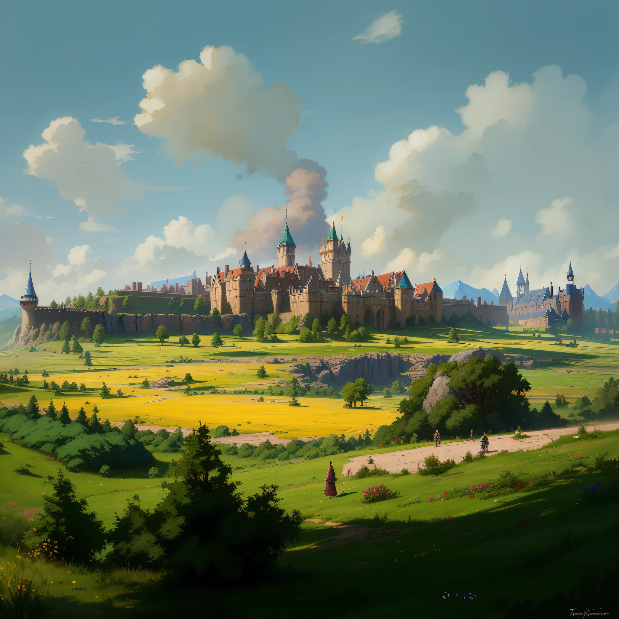painting of a large castle with a clock tower in the distance, krenzcushart, thomas kincade, slav epic, andreas rocha and john howe, stefan koidl, andrey gordeev, alexey egorov, by Mikhail Evstafiev, by Wojciech Weiss, greg rutkowski and krenzcushart --auto --s2