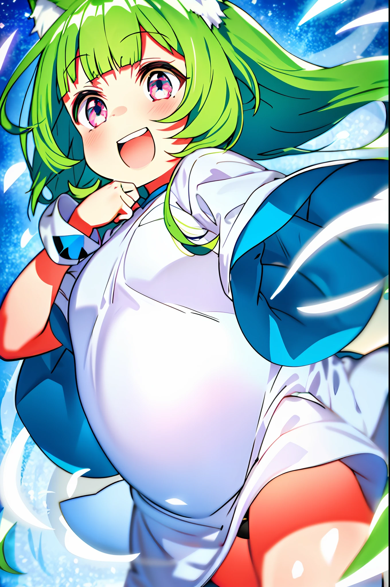 mika pikazo, 1girl, chubby cheek, multicolored hair, green hair, white hair, blue hair, blue background, white dress, , floating hair, light blush, light particles, long hair, open mouth, pink eyes, multicolored eyes, portrait, signature, smile, solo, teeth, fox ears, Chubby, plump, chubby belly, plump belly, small chest
