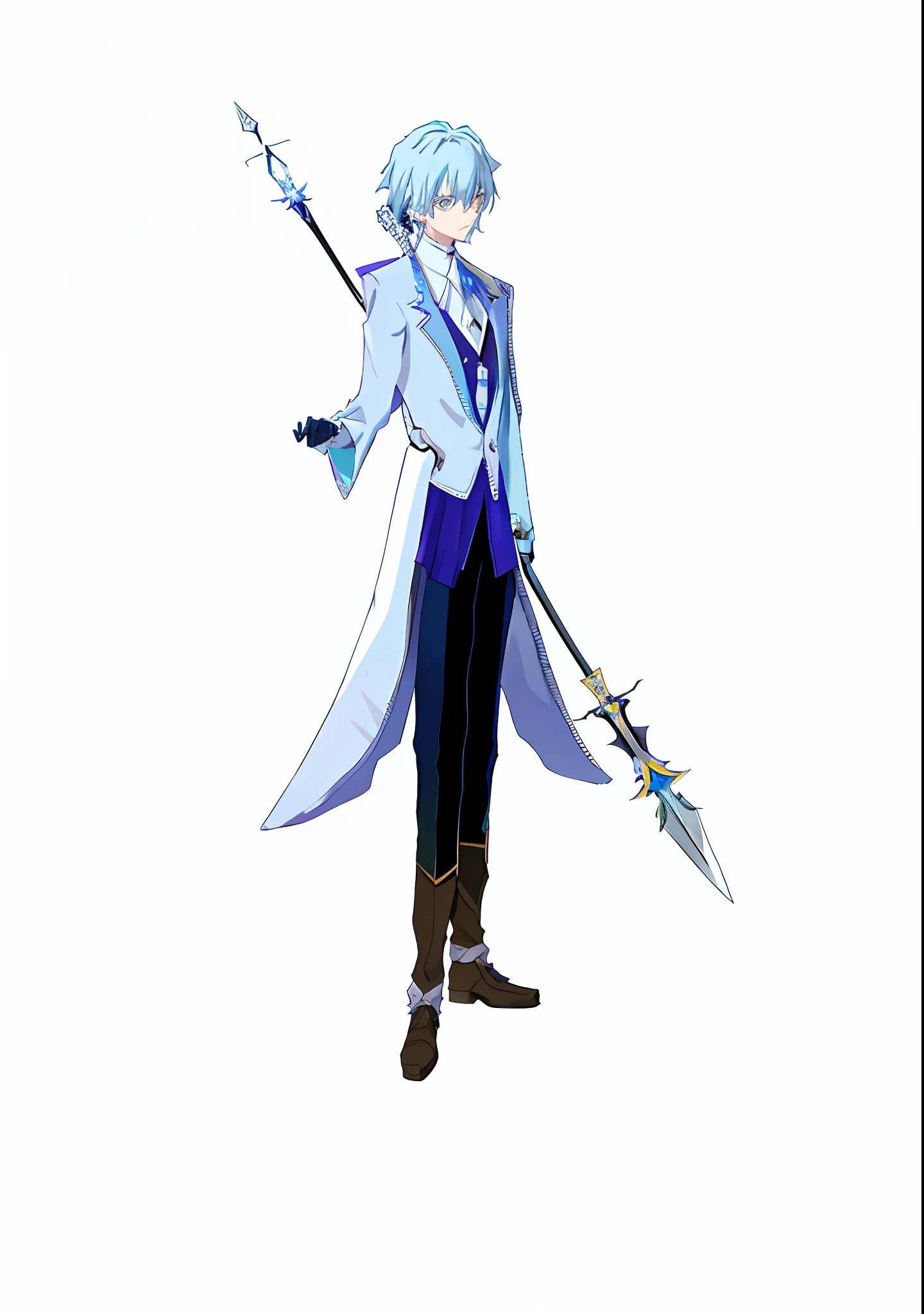 anime character with sword and blue hair in white coat, tall anime guy with blue eyes, 2 d anime, single character full body, t-pose of male magic wizard, hajime yatate, male anime character, 2 d anime style, skinny male fantasy alchemist, full body single character, okata kazuto, tensei shitara slime datta ken --auto --s2