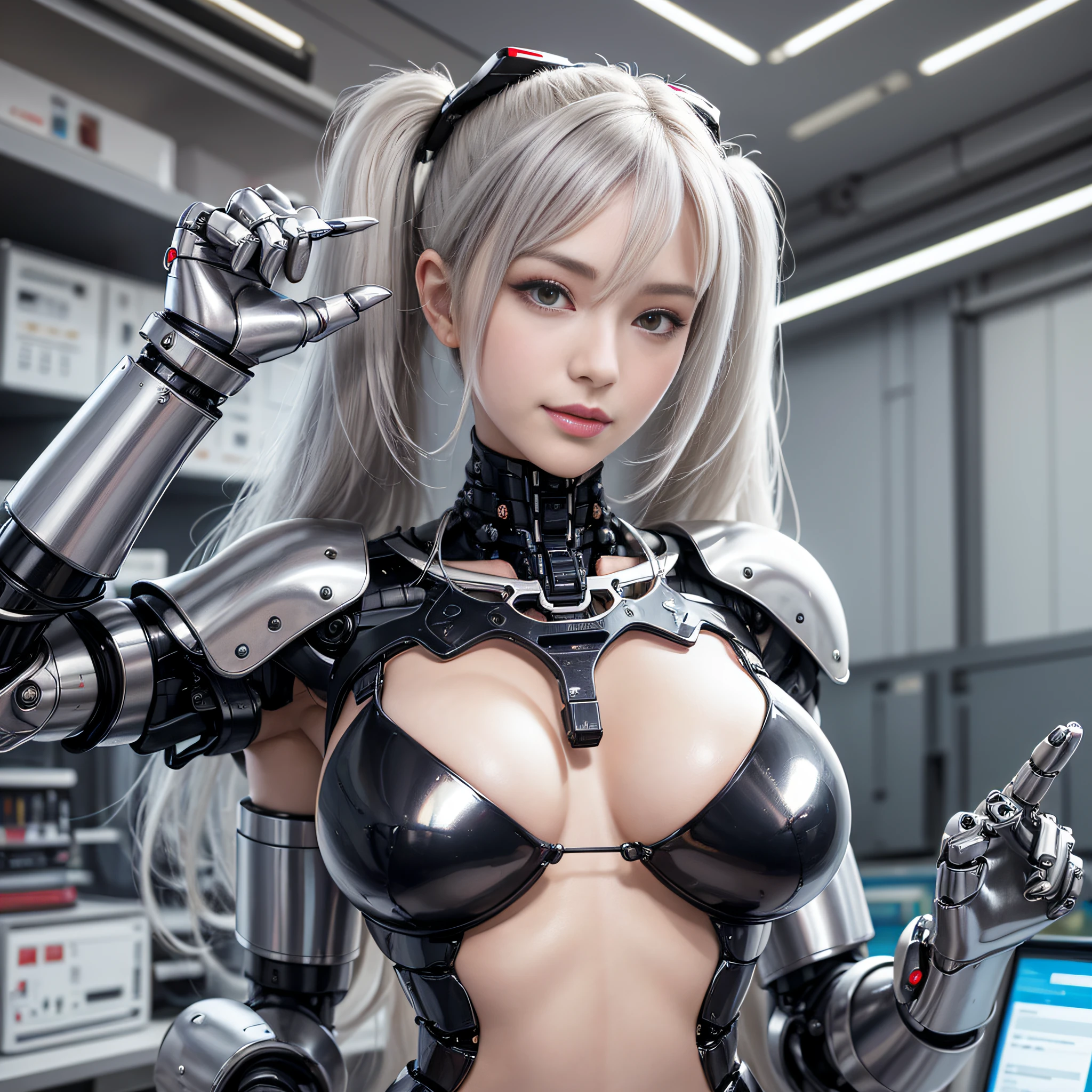 Beautiful Face,face is Japan, 1 Woman, Big, Curvaceous, (16k, RAW photo, top quality, masterpiece: 1.2), (HDR, Realistic, Photorealistic: 1.37) (tube attached to the body), (Bikini Cyborg robot parts)))), (light gray hair), Long hair, Wavy hair, Twin tails, Medium shot, ( Seductive smile)), (black eyes), princess cut,from below,(whole body),posing,,in the lab,( tube connected to blood vessel),((mechanical vertebrae attached to the back)),((mechanical neck attached to the neck)),(wire cable attached to the head and body),(character focus),science fiction,perfect female figure,perfect anatomy,ultraanatomy, Full body shot, up to 4 fingers and 1 thumb relationship,