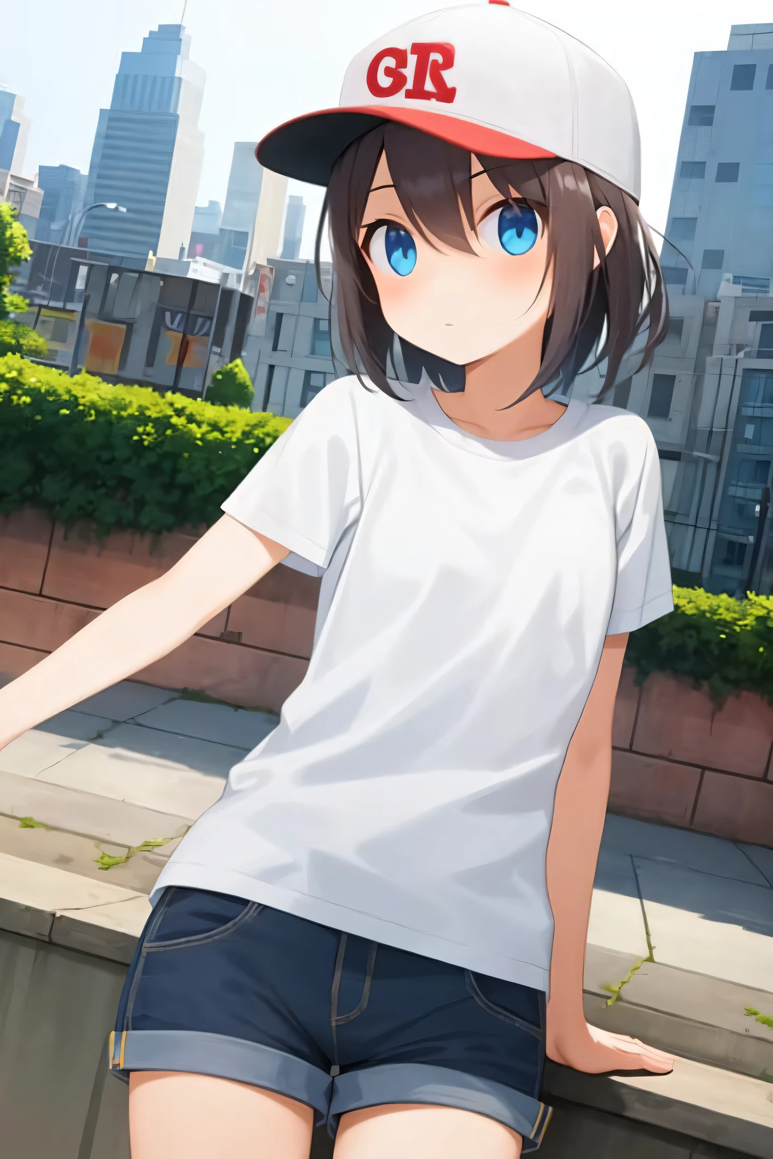 masterpiece, best_quality, 1girl, solo, shorts, shirt, baseball cap, city