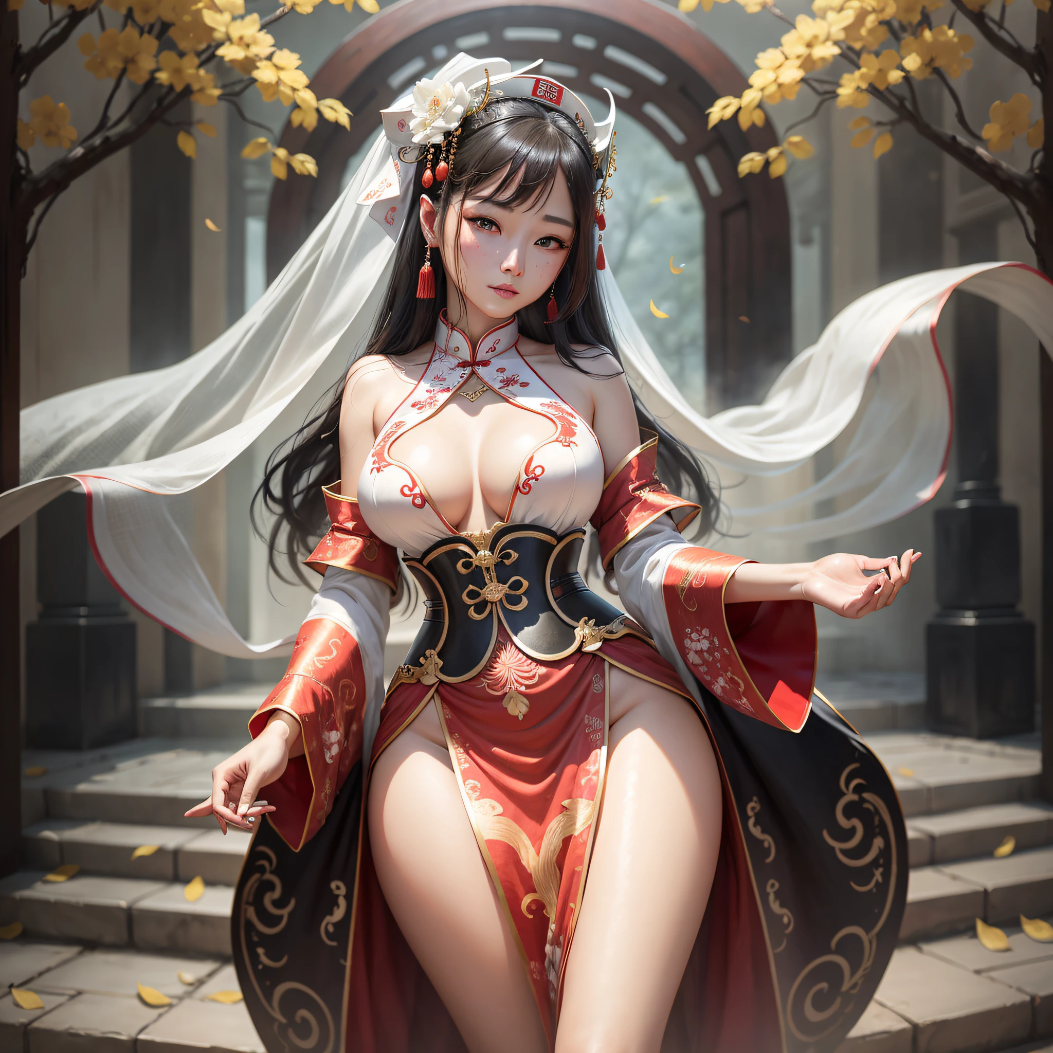 The highest quality, a beautiful woman in Chinese ancient costume, covered with white veil, her appearance is looming, her face has burn marks, and her figure is graceful --auto --s2