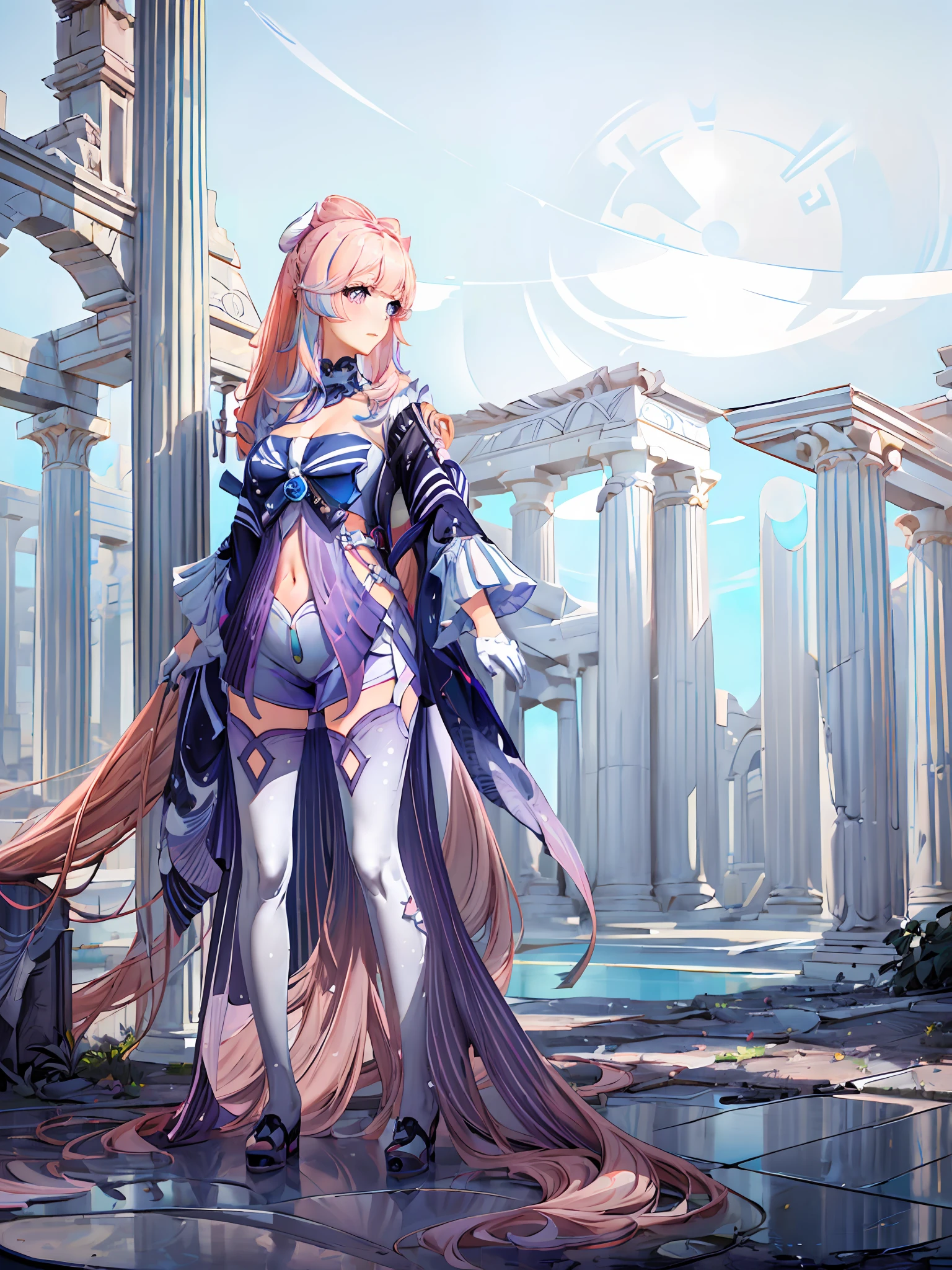 ((masterpiece,best quality)),(negative space:1.4),(1girl, solo:1.4),beautiful detailed eyes,floating pastel pink hair, breasts,long hair, long white stockings, white gloves, ancient ruins, columns, greek architecture,