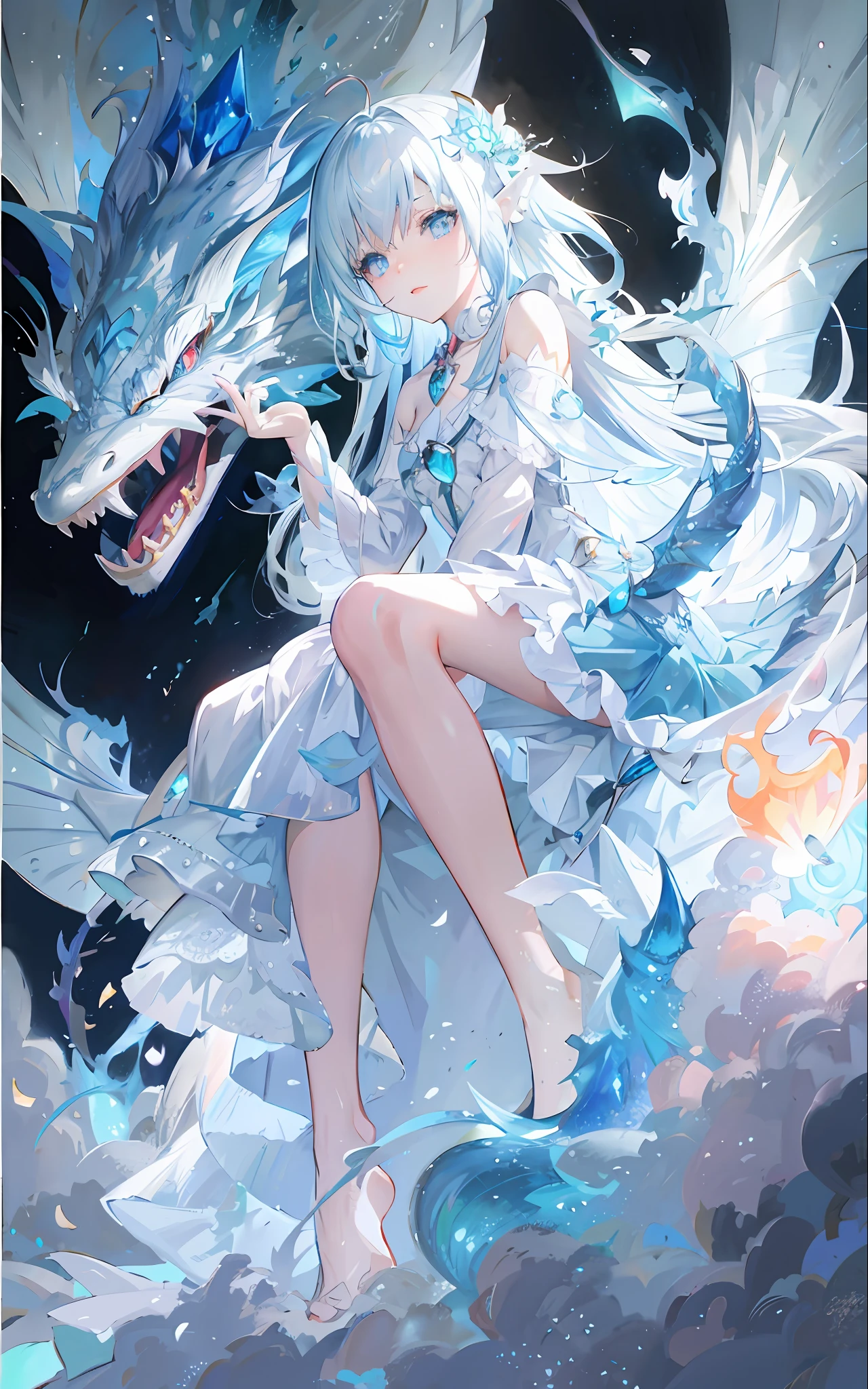 Anime girl with light blue hair and blue eyes sitting on a cloud, anime fantasy illustration, dragon girl, beautiful fantasy anime, fantasy art style, ethereal anime, popular on ArtStation pixiv, detailed anime art, pixiv style, crystal dragon, queen of dragons, fantasy style anime, anime goddess, anime fantasy artwork, pixiv contest winner, by Yuumei