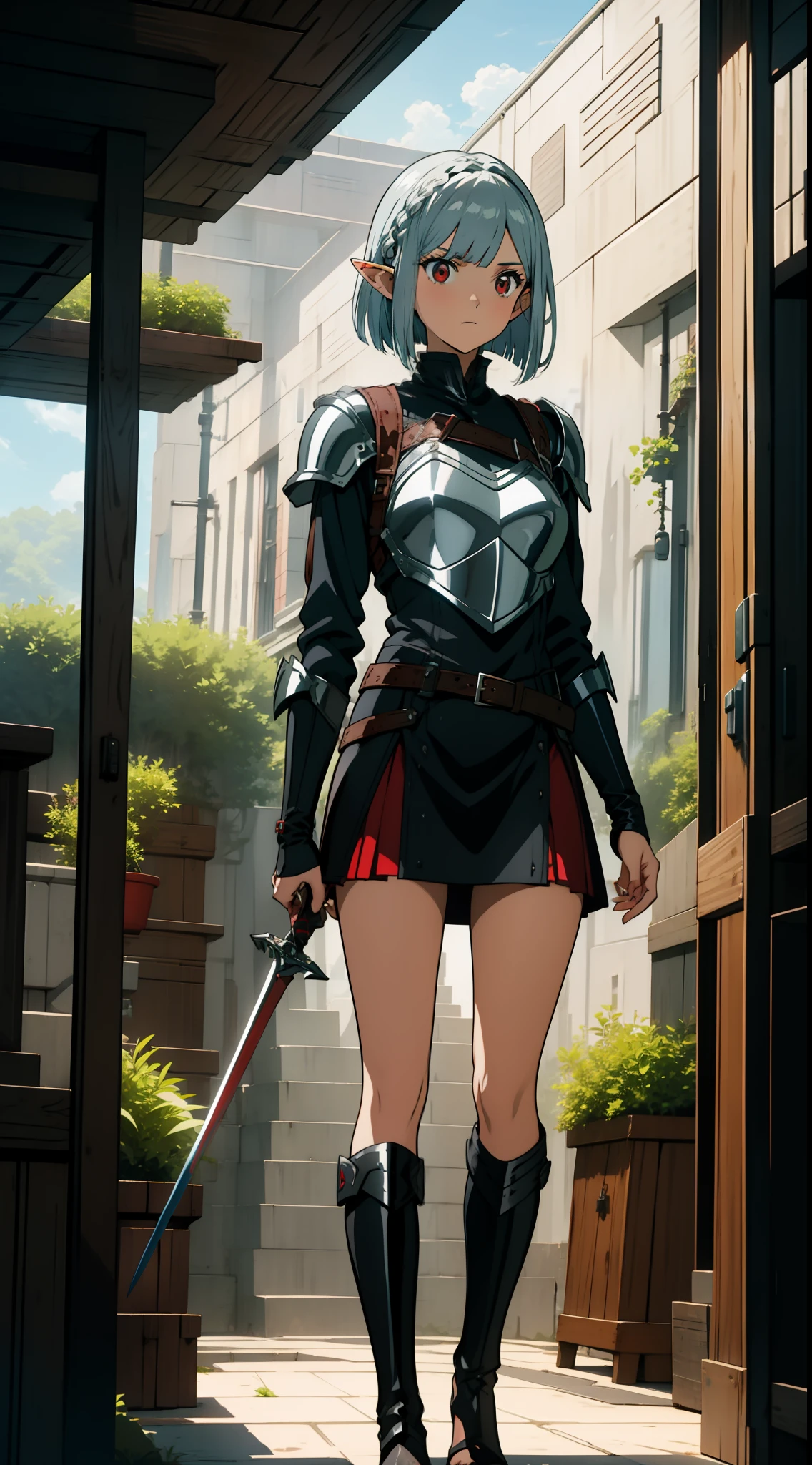 1 girl, elf, silver hair, bob cut, braid, red eyes, holding a sword, leather armor, adventurer-style costume, miniskirt, concept art, beautiful anime scene, beautiful anime scenery, top rating on pixiv, top quality, 4K