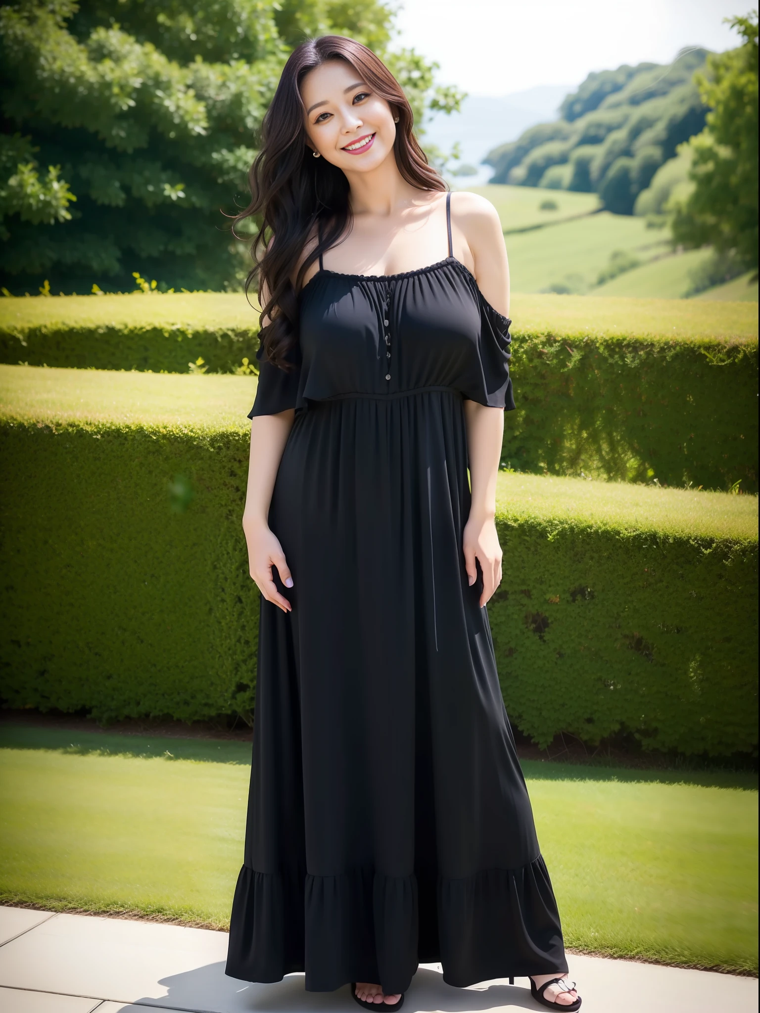 Full body, sideways, 1 person, (40 years old), (middle-aged woman), (fat), happy, outdoor background, black long hair wavy curls, big breasts, loose dress,