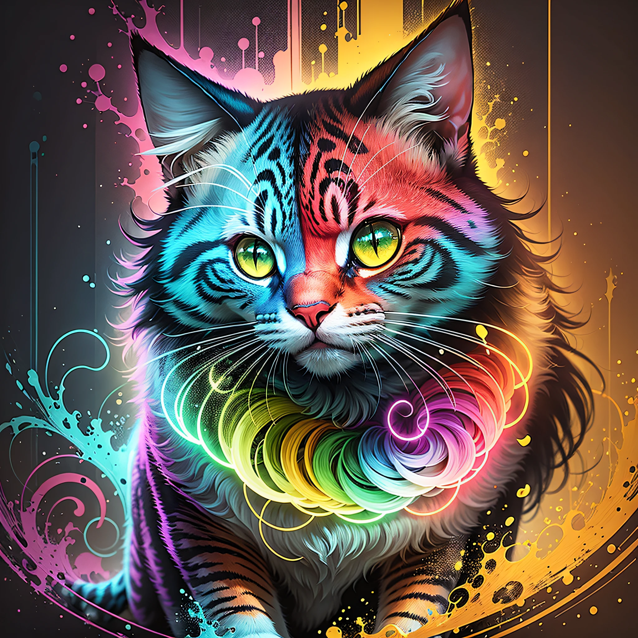 technicolor, vibrant, Tech Cat, radioactive glow, Biohazard, abstract art by Petros Afshar, supersaturated