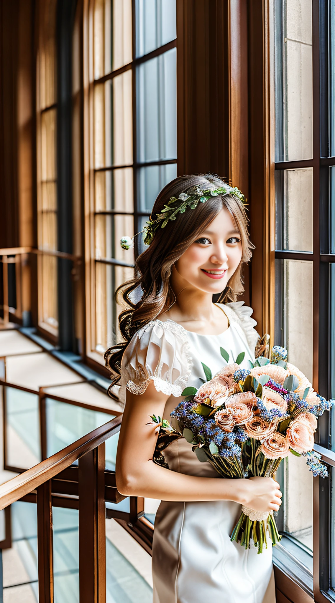 a pretty girl, Holding a bouquet of flowers and standing by the window railing, face to camera, smile, Surrealism, Classicism, Verism, stereogram, ray tracing, Eye-Level Shot, Canon, UHD, high details, high quality, textured skin, masterpiece, ccurate --auto --s2