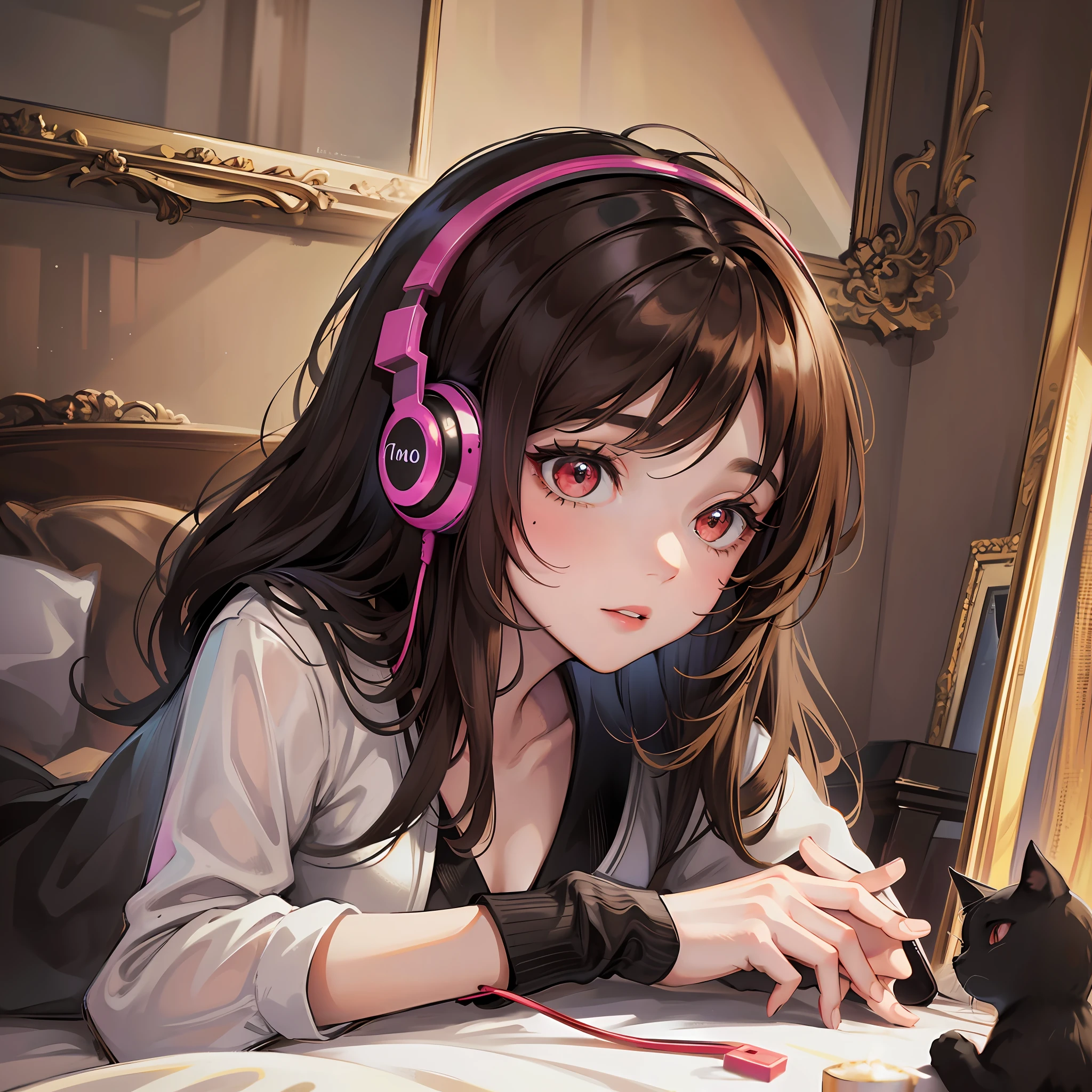 A girl with brown hair lies in a dark room on her bed with headphones on, staring tiredly at the bright screen of her phone. It's nighttime outside, and somewhere near the bed sits a black cat. Opposite the bed is a mirror, in which the same girl with red eyes touches the mirror with her hand, as if wanting to get out of it. --auto --s2