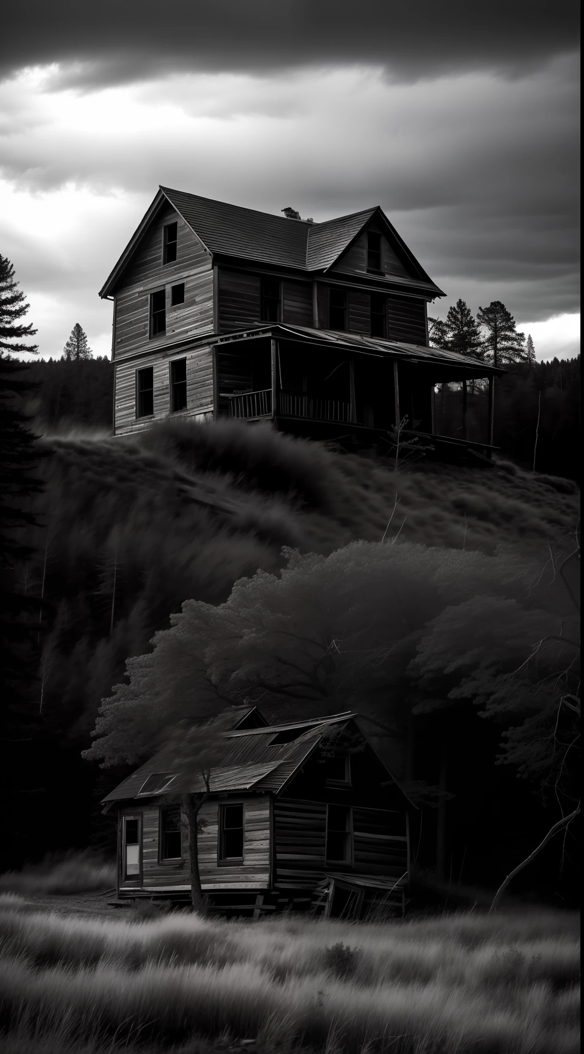 night, b&w photo of old house, post apocalypse, forest, storm weather, wind, rocks, 8k uhd, dslr, soft lighting, high quality, film grain,