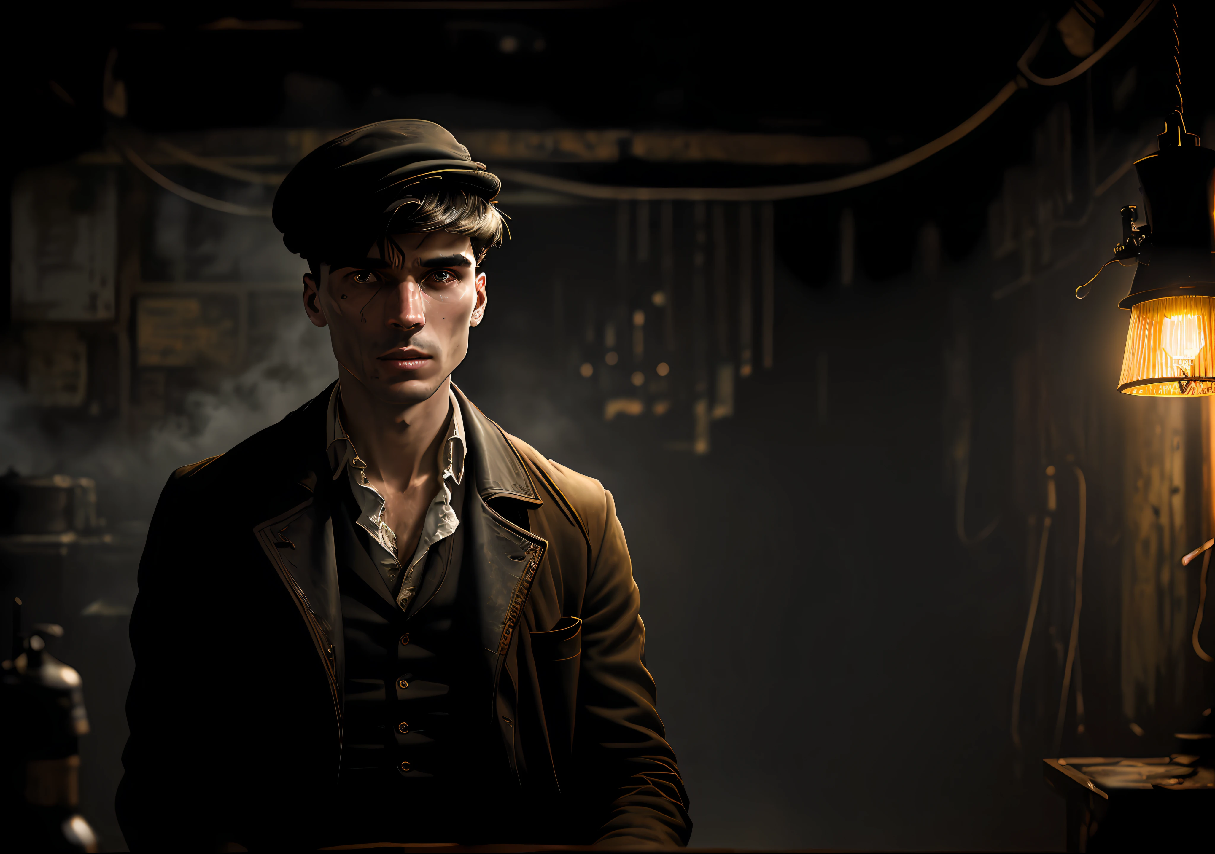 Thomas shelby DARK PHOTO: sitting on an old boat, realistic epic, portrait of, James Gilleard, Joe Fenton, Kaethe Butcher, yellow gradient, black, brown and magenta color scheme, grunge aesthetic!!! Graffiti brand wall background, art by Greg Rutkowski and Artgerm, soft cinematic light, Adobe Lightroom, Photo Lab, HDR, intricate, highly detailed, (depth of field: 1.4), faded, (neutral colors: 1.2), (HDR: 1.4), (soft colors:1.2), hyperdetailed, (Artstation:1.4), cinematic, warm lights, dramatic light, (intricate details:1.1), complex background, (Rutkowski:0.66), (blue and orange:0.4)