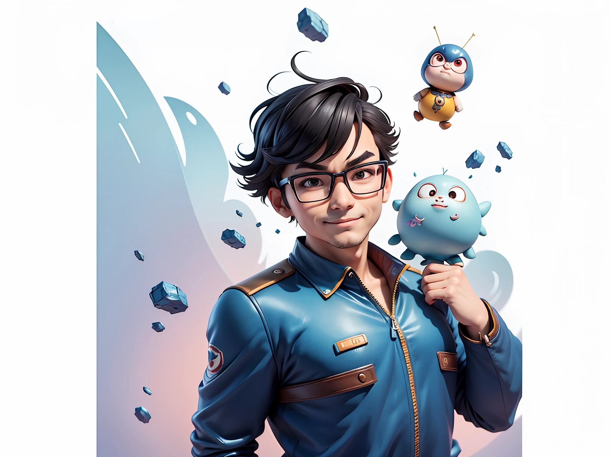 Masterpiece), (Excellent), (Super Meticulous), (Full Body: 1.2), Super Young Woman, Beautiful, Sexy, Bursting, Oriental Face, TV Anchor, Bust Portrait Illustration, Alone, Black Suit, Blue Tie, Silver Glasses, Slightly Chubby Face, Very Clean Face, No Beard, Black Super Short Hair, Black Eyes, Confident Smile, 3c Computer Sub-Products, iPad, iPhone, Digital Painting, 3D Character Design by Akira Toriyama with Mark Claireden and Pixar and Hayao Miyazaki, The illustration is a high-definition illustration in 4K resolution with very detailed facial features and cartoon-style visuals.