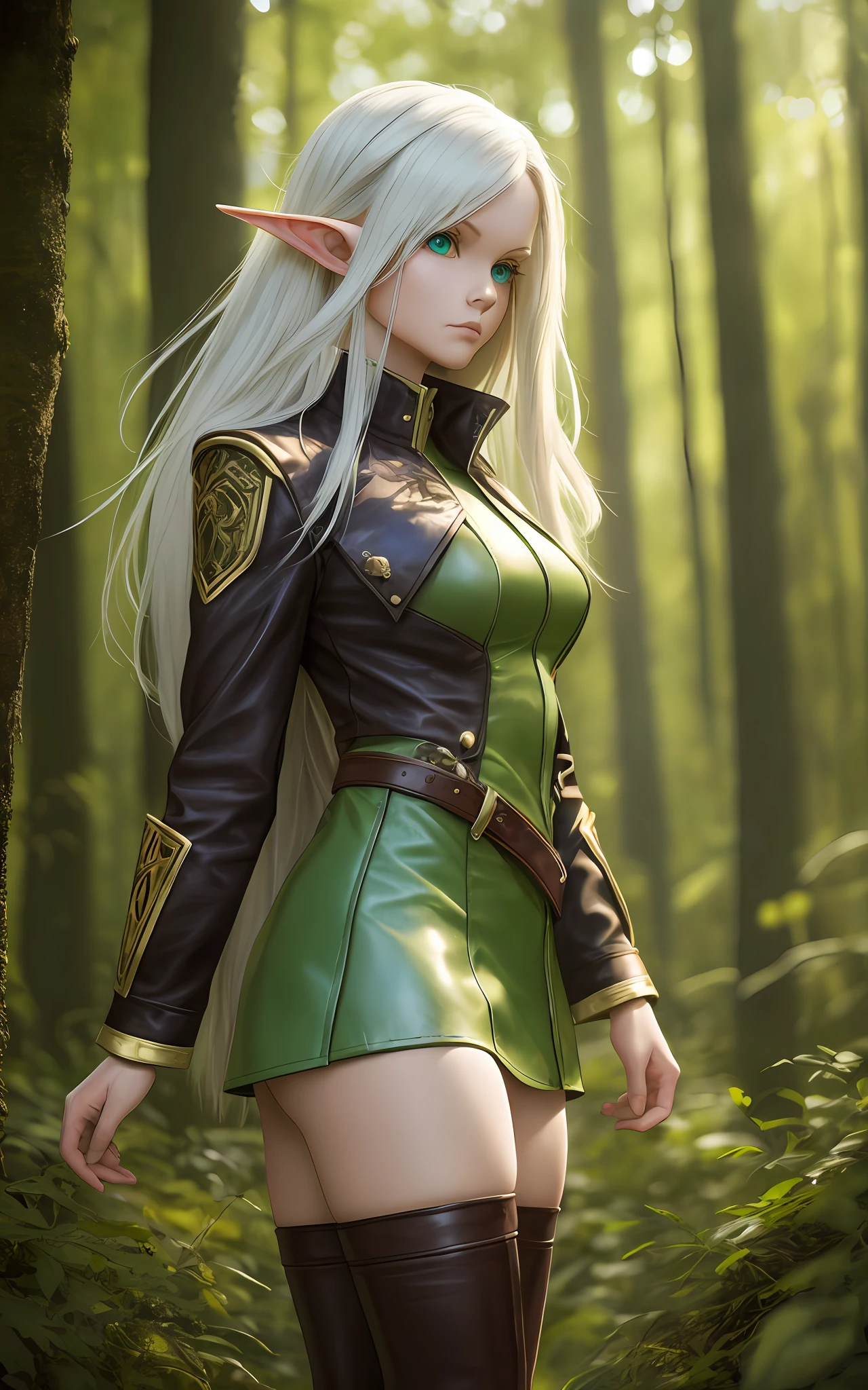 full body shot, a militantly sexy and stunningly beautiful long-haired green-eyed albino elf in a beautiful leather ultra-short skirt and a jacket with deep open cuts stands against the backdrop of a forest thicket on a forest alley shod in short boots, her legs are bare to panties, the back light is the sun's rays through the foliage of trees, front  soft fill light,beautiful chiaroscuro on the body,shallow depth of field,high detail,clear focus,detail focus,photorealism,tranding on artstantion,mark ryden style --auto --s2