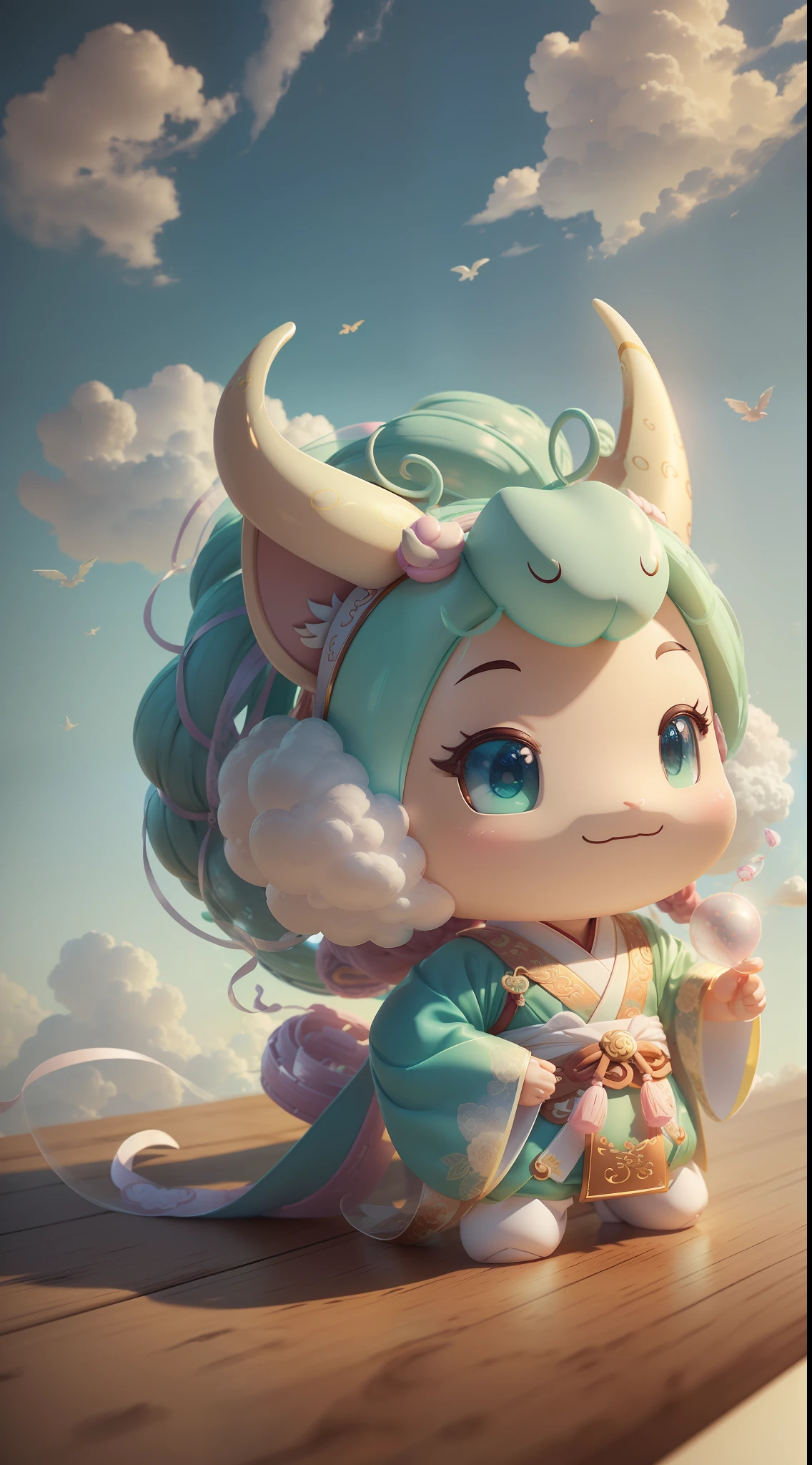 Snake, big ears, happy smile, (wearing Hanfu) dragon head, antlers, soft ((best quality)), ((masterpiece)), (hair accessory)( extreme detail, highest detail, official art, beauty and aesthetics:1.2), depth of field, composition ( (full body) ), (chibi), (beautiful and detailed eyes: 1.3), (very happy:1) (light mint green and gradient white), popmart blind box, clay texture, (transparent balloon, cloud decorative background), natural light, best quality, Super Detail, 3D Art, C4D, Blender, OC Renderer, 3D Rendering, 8K --auto --s2