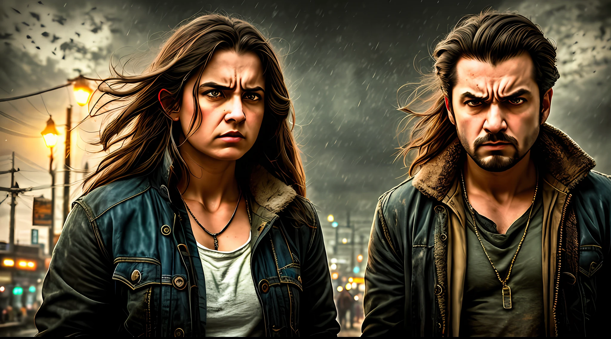 A portrait of an angry man,with an angry tbm woman, poor clothes, (HDR:1.28), hyperdetailed, cinematic, cold lights, complex details, hyperrealistic, background of a poor commodity (soft colors:1.38), (neutral colors:1.2 )