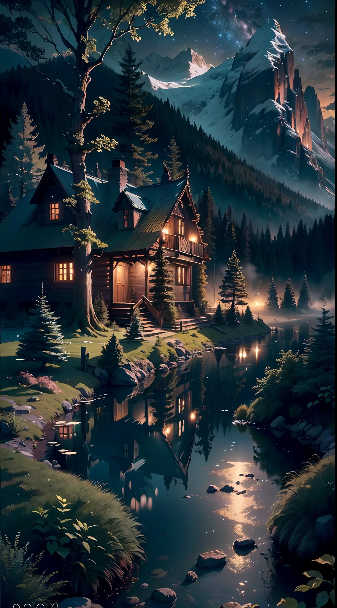 (8K resolution, highest quality, ultra-detailed, ethereal, tree detail, river detail, stretching valley, (vista), forest, dreamy night sky, lights, wooden house, lush foliage, town lights, distant mountains, volumetric light effect beautiful), wide angle, (8k), (4k), (masterpiece), (best quality)