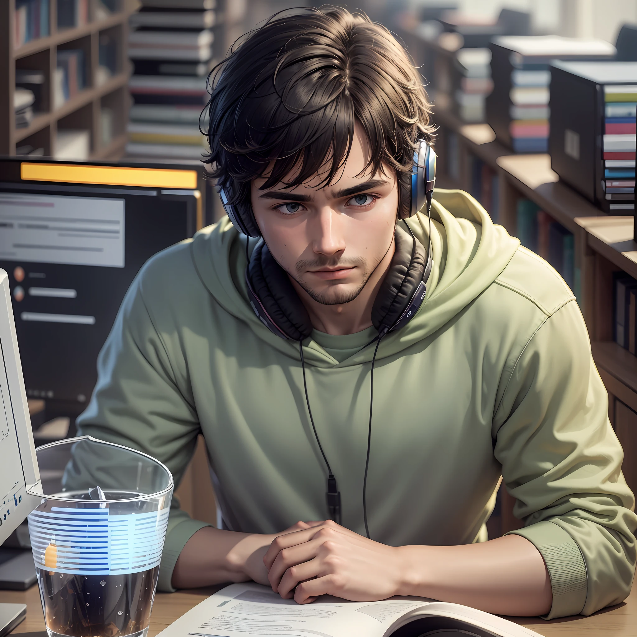 (HD quality + optimal stroke + high saturation + soft tone) An anxious college student, reading in the library, surrounded by a cluttered scene of books. He sits in a separate work area, breathing rapidly at his computer screen. There was only a slight noise around, and there was a faint smell of pages in the air. On the screen, he himself looks tired, wearing headphones, the computer screen shows complex and chaotic code writing, the whole person seems to be immersed in his own world, closer and closer to the path of the sun, small fresh style. --auto --s2