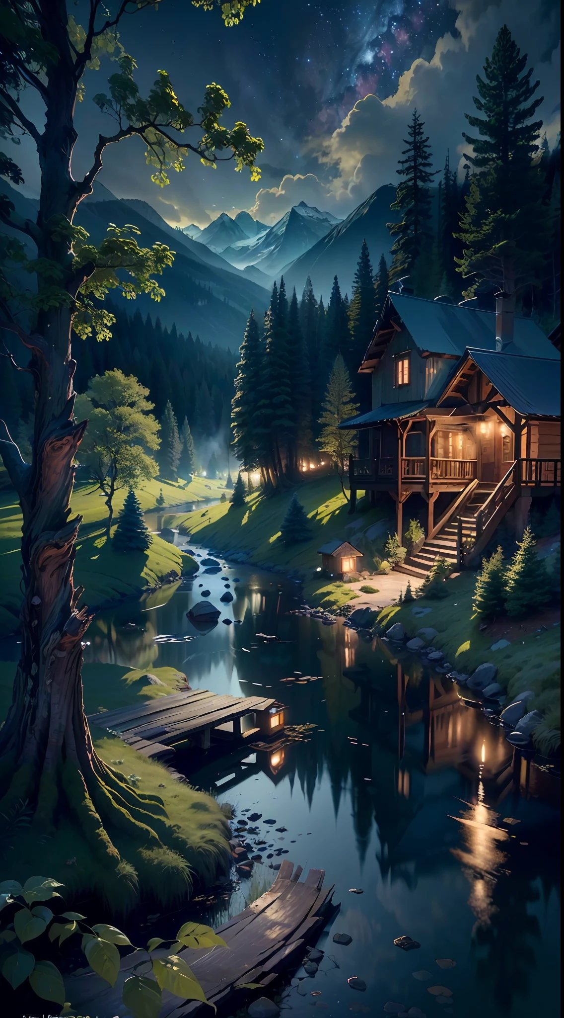(8K resolution, highest quality, ultra-detailed, ethereal, tree detail, river detail, stretching valley, (vista), forest, dreamy night sky, lights, wooden house, lush foliage, town lights, distant mountains, volumetric light effect beautiful), wide angle, (8k), (4k), (masterpiece), (best quality)