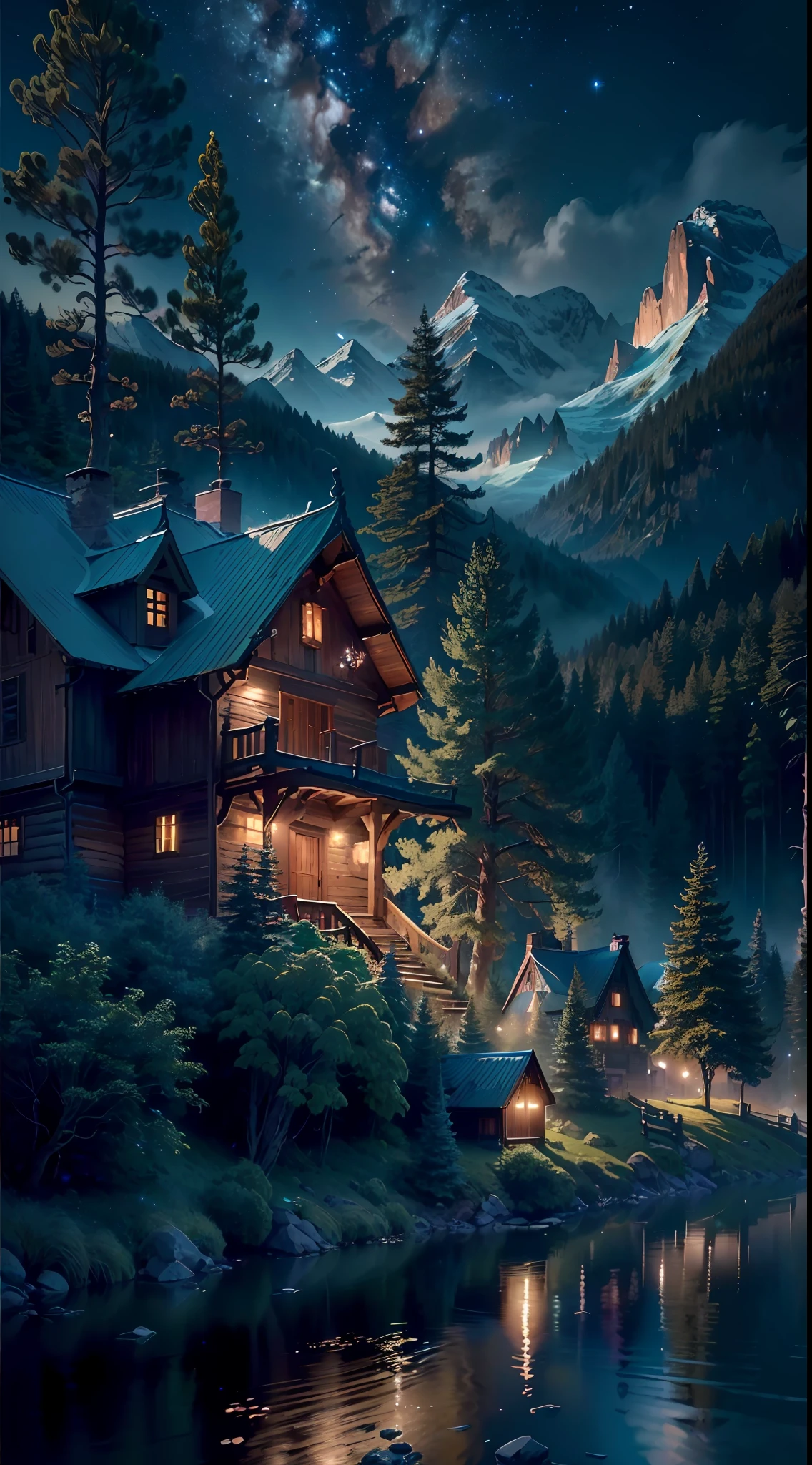 (8K resolution, highest quality, ultra-detailed, ethereal, tree detail, river detail, stretching valley, (vista), forest, dreamy night sky, lights, wooden house, lush foliage, town lights, distant mountains, volumetric light effect beautiful), wide angle, (8k), (4k), (masterpiece), (best quality)