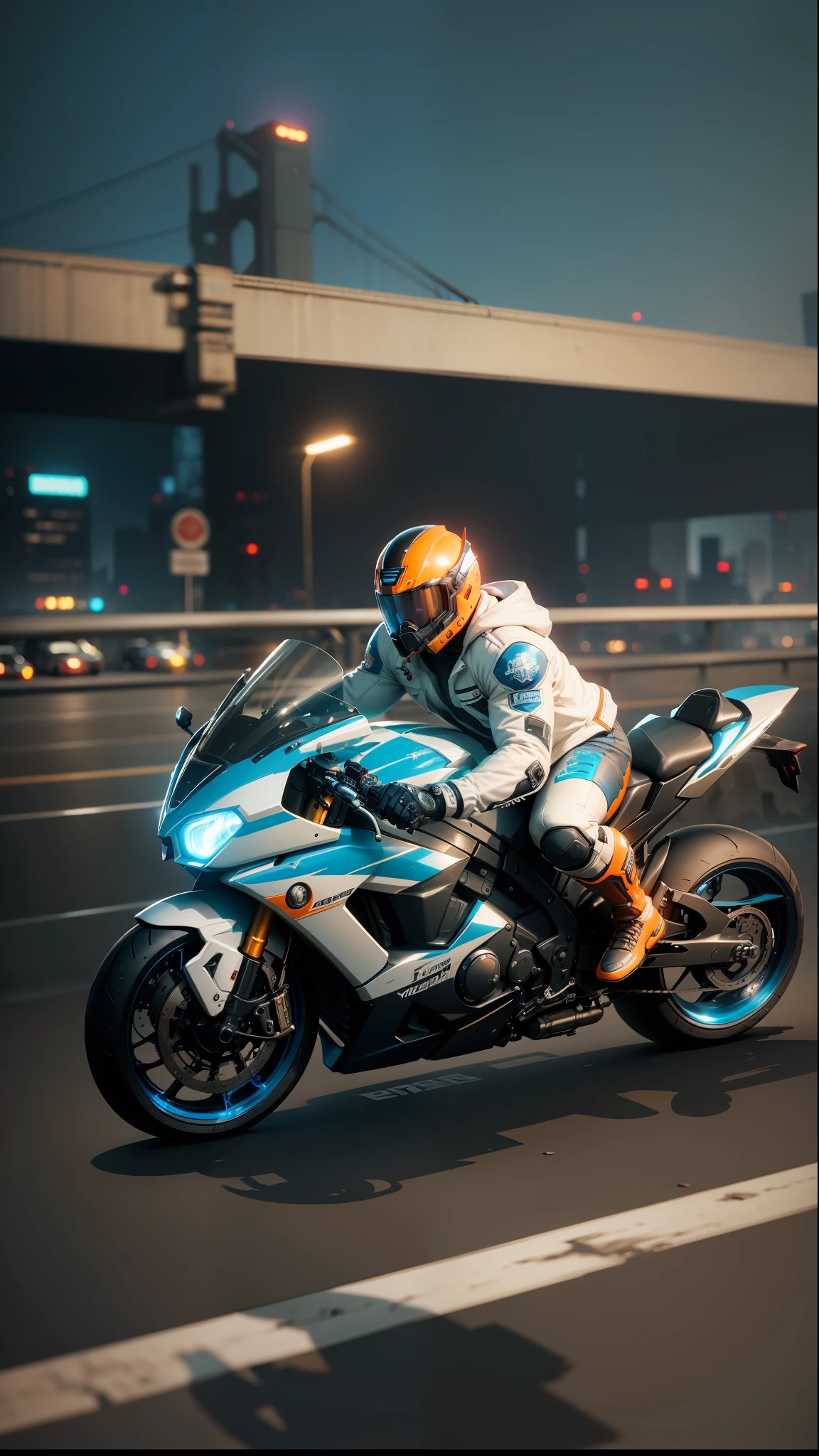 Masterpiece, (hyper-detailed), gangster theme, jacket. Motorcycle riding in dim light, tattoos, smoke, shadows, bustling city background, highest quality, single focus, (thinness: 1.04), mecha, full body, intricate (high detail: 1.1) (very detailed CG unification), (best quality), (best illustration), (best shadow), ridiculous, realistic lighting, dazzling lights, large chest muscles, orange glowing helmet, full of muscles, cool, cyberpunk, blue glowing eyes, human robot, white and blue motorcycle, backlight, large muscles,