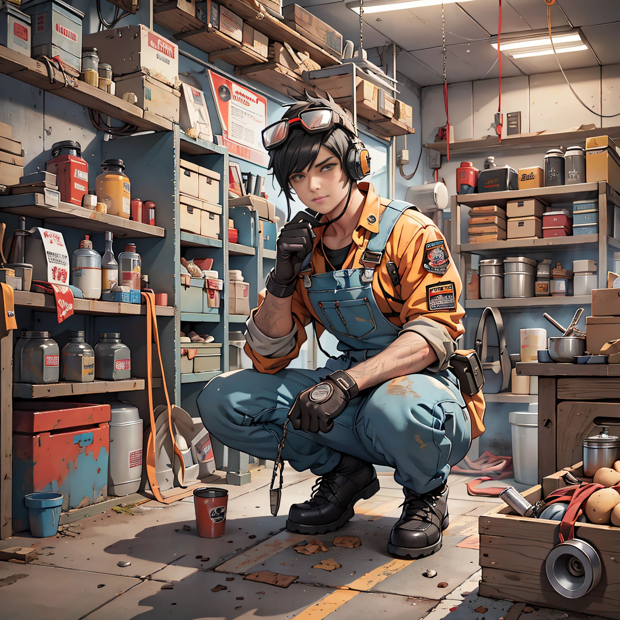 Masterpiece, best quality, super detailed, illustration, 1boy, firefighter, solo, shiny, reflective, latex, overalls, sexy, body, squat, detailed, work shoes, fire dragon, messy, workshop, industrial, black, red, silver, metal, gloves, goggles, protection, equipment, machinery, tools, sparks, dirt, dirt, oil, stains, sweat, exhaust, pipes, meters, dials, buttons, levers, cables, wires, hydraulics, systems, Hydraulic presses, cranes, pulleys, welding, torches, grinders, drills, saws, hammers, screwdrivers, wrenches, pliers, wrenches, toolboxes, fire extinguishers, first aid kits, ventilation, plumbing, lamps, emergency exits, warning signs, warning tape, posters, calendars, coffee cups, dirty, workbenches, storage rooms, shelves, bins, lockers, hard hats, safety vests, earmuffs, face shields, respirators, smoke, smoke, debris, concrete floors, concrete walls, metal beams, rivets, bolts, screws, nuts, Washers, chains, ropes, hooks, jigs, magnets, bearings, lubricants, fluids, solvents, adhesives, lubrication, maintenance, repair, overhaul, upgrades, installation, assembly, manufacturing, customization, prototyping, research, development, testing, quality control, inspection, certification, compliance, regulations, standards, efficiency, productivity, innovation, excellence, satisfaction, teamwork, dedication, professionalism, empowerment, diversity, equality, respect, safety culture, industrial fashion, sci-fi, cyberpunk, Dystopia