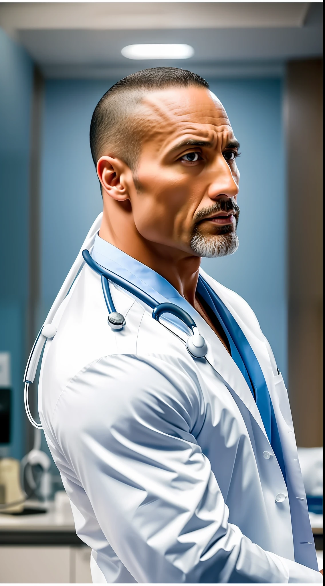 (Best quality, 8k, 32k, masterpiece, UHD: 1.2), Actor The Rock working as a doctor in a busy hospital, wearing white lab coat and stethoscope, caring for patients with compassion and expertise, conveying confidence and dedication, realistic