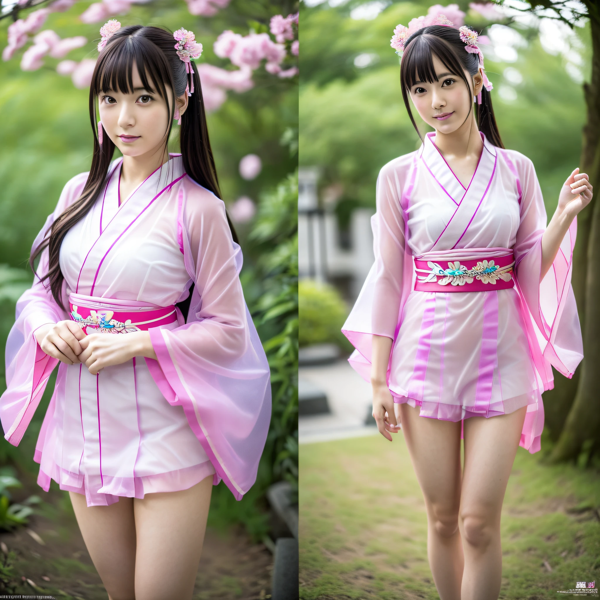 (Raw Picture: 1.2), (((Photorealistic: 1.4)), Japan Model, Live Action, 20s, Realistic, Live Action Japan Girl, Cute, One Girl, Super Detail, Leg Texture, See-through, Short Kimono, Pink Costume, Upper Arms, Top Quality, Standing, Magical Girl