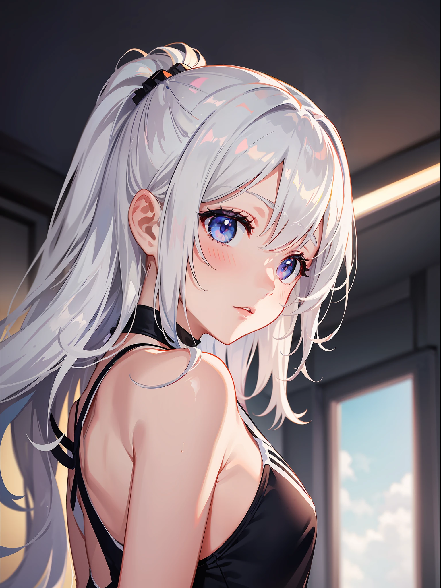 High Resolution, Top Quality, Slender Beautiful Girl, White School Swimsuit, No Blushing, Face Down, Cheek Cane, Club Room, Bite