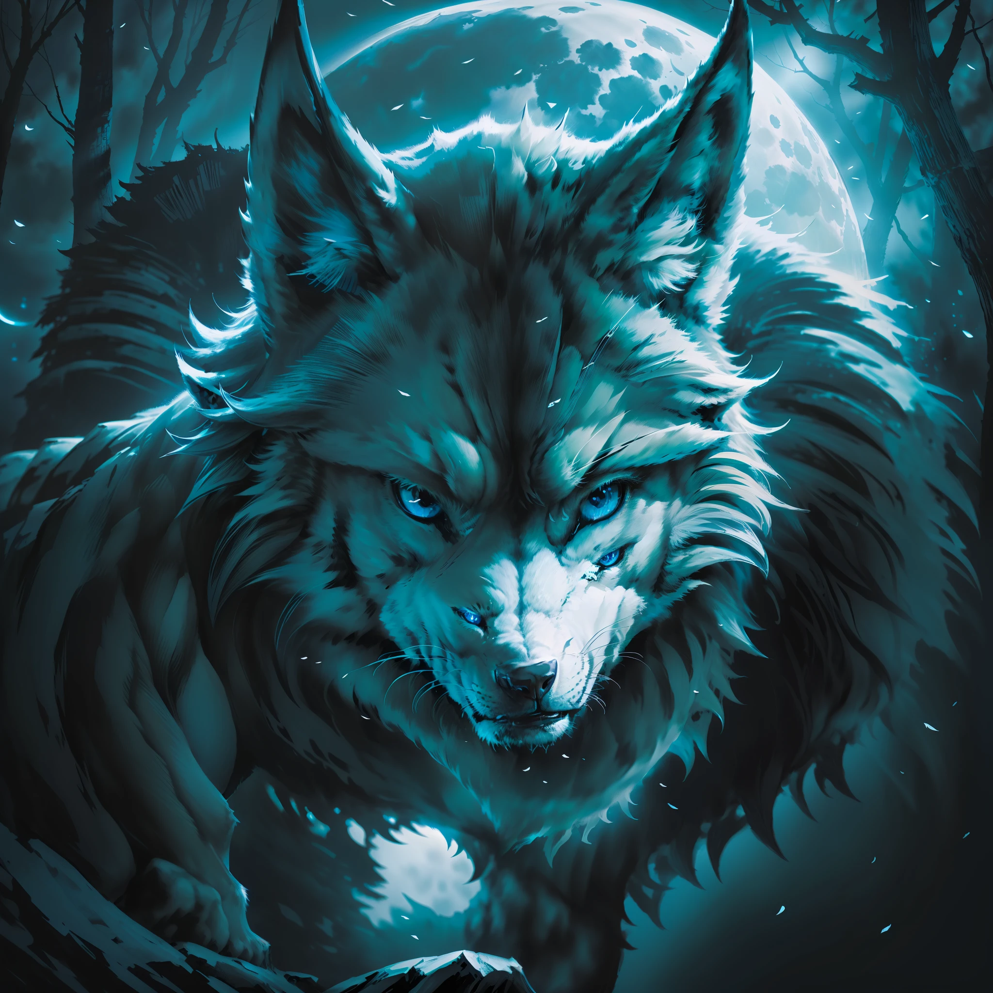 (Masterpiece detailed high image quality) "Black color with blue eyes" wolf dangerous forest, midnight, full moon. 1 solo lobe. ( Front angle of image) ( image open)