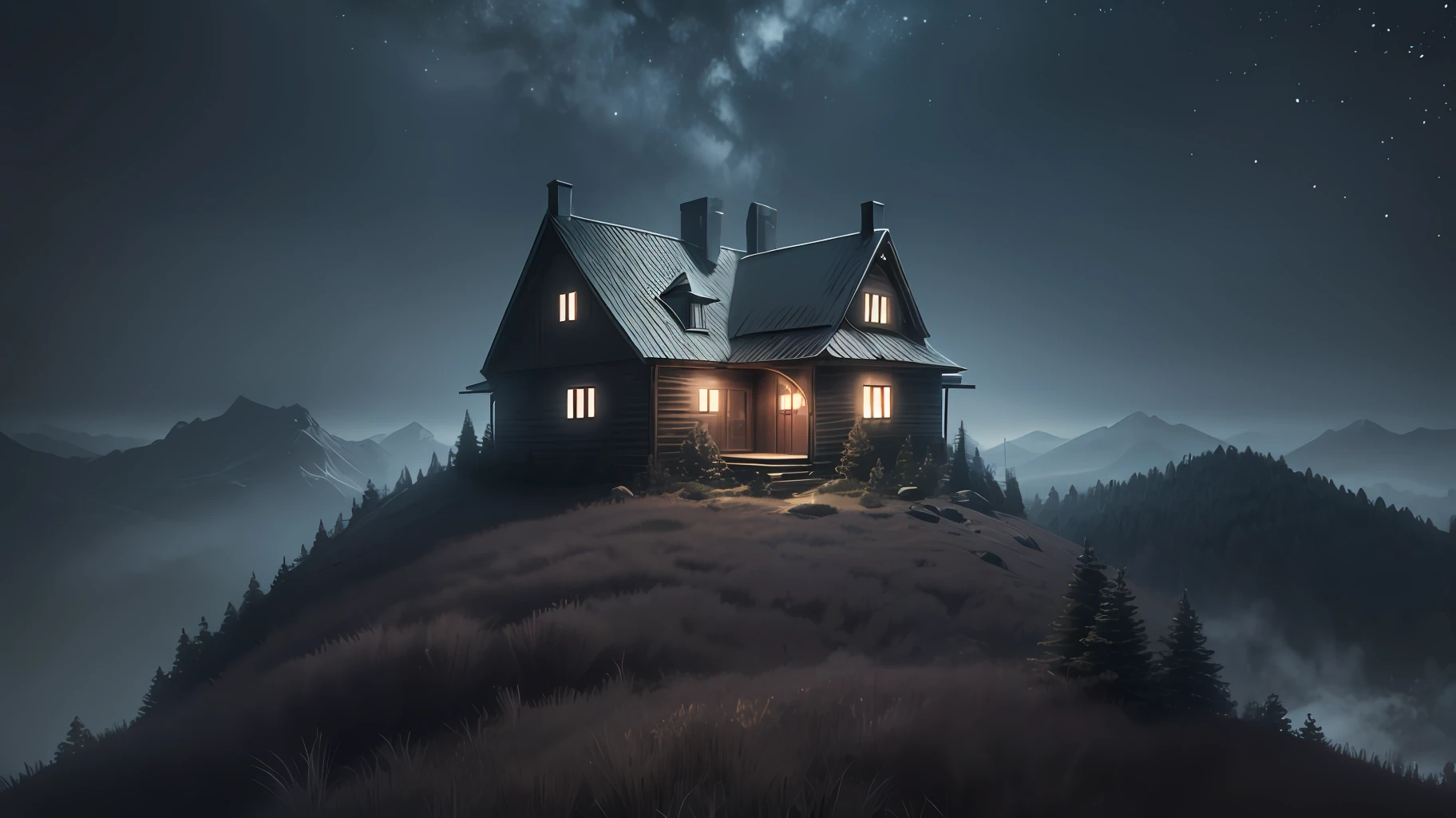 (High quality), (ultra realistic), A dark house isolated on a mountain in the middle of a shadowy forest --auto --s2