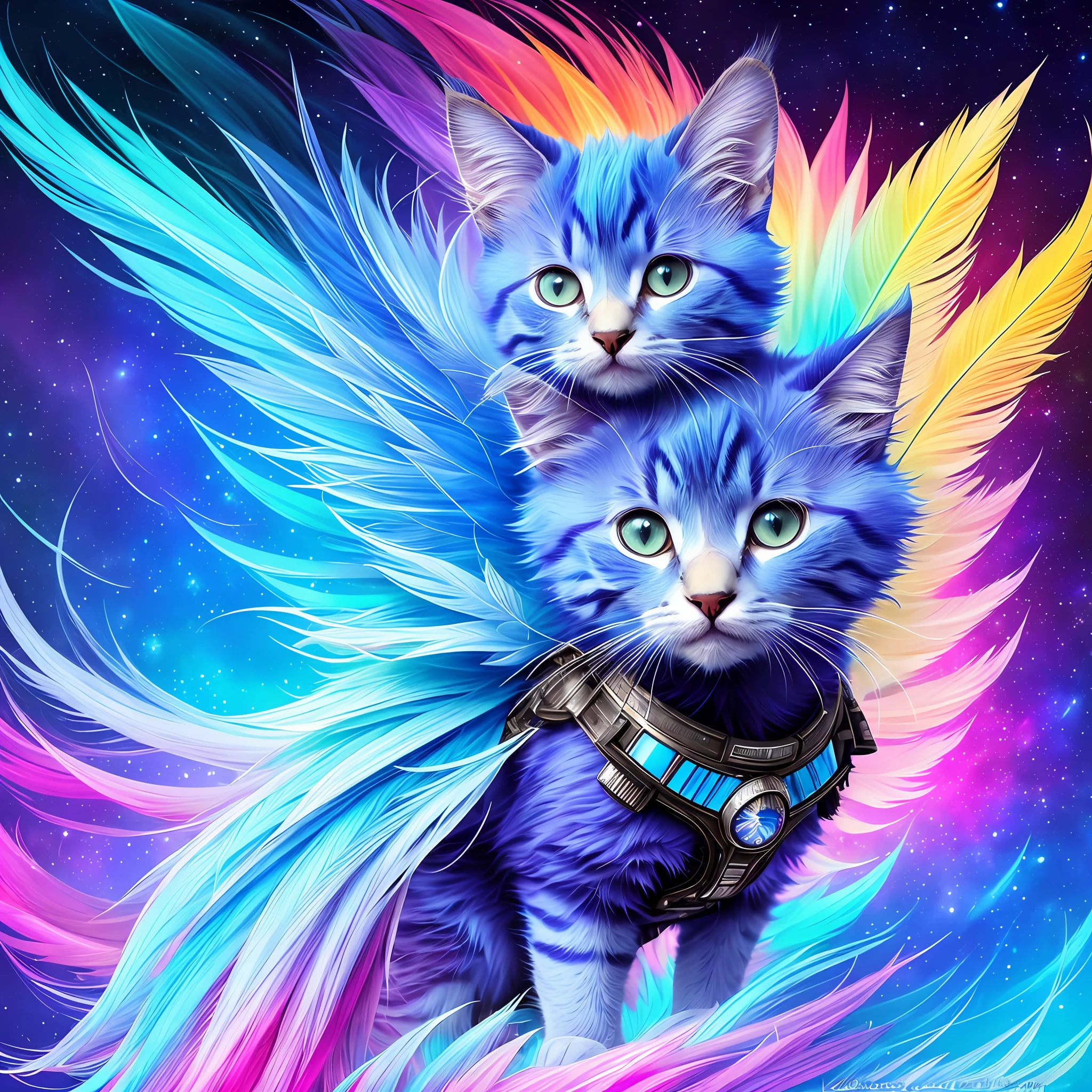 arafed kitten with blue hair and colorful feathers in a spacesuite, colorfull digital fantasy art, gorgeous digital art, fantasy art style, beautiful digital artwork, 4k highly detailed digital art, stunning digital illustration, fantasy art behance, digital art fantasy, epic fantasy art style hd, fantasy digital art, beautiful gorgeous digital art, digital fantasy art )