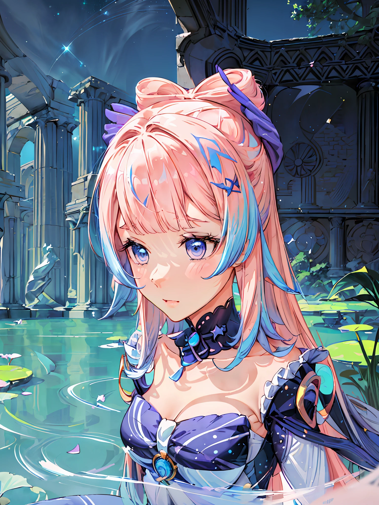 ((masterpiece,best quality)),(negative space:1.4),(1girl, solo:1.4),beautiful detailed eyes,floating pastel pink hair, breasts,long hair, long white stockings, white gloves, ancient ruins, columns, greek architecture, night sky with stars and galaxies, lake with lilies, standing in water, magical sparkles and stars, swamp, lake, at night