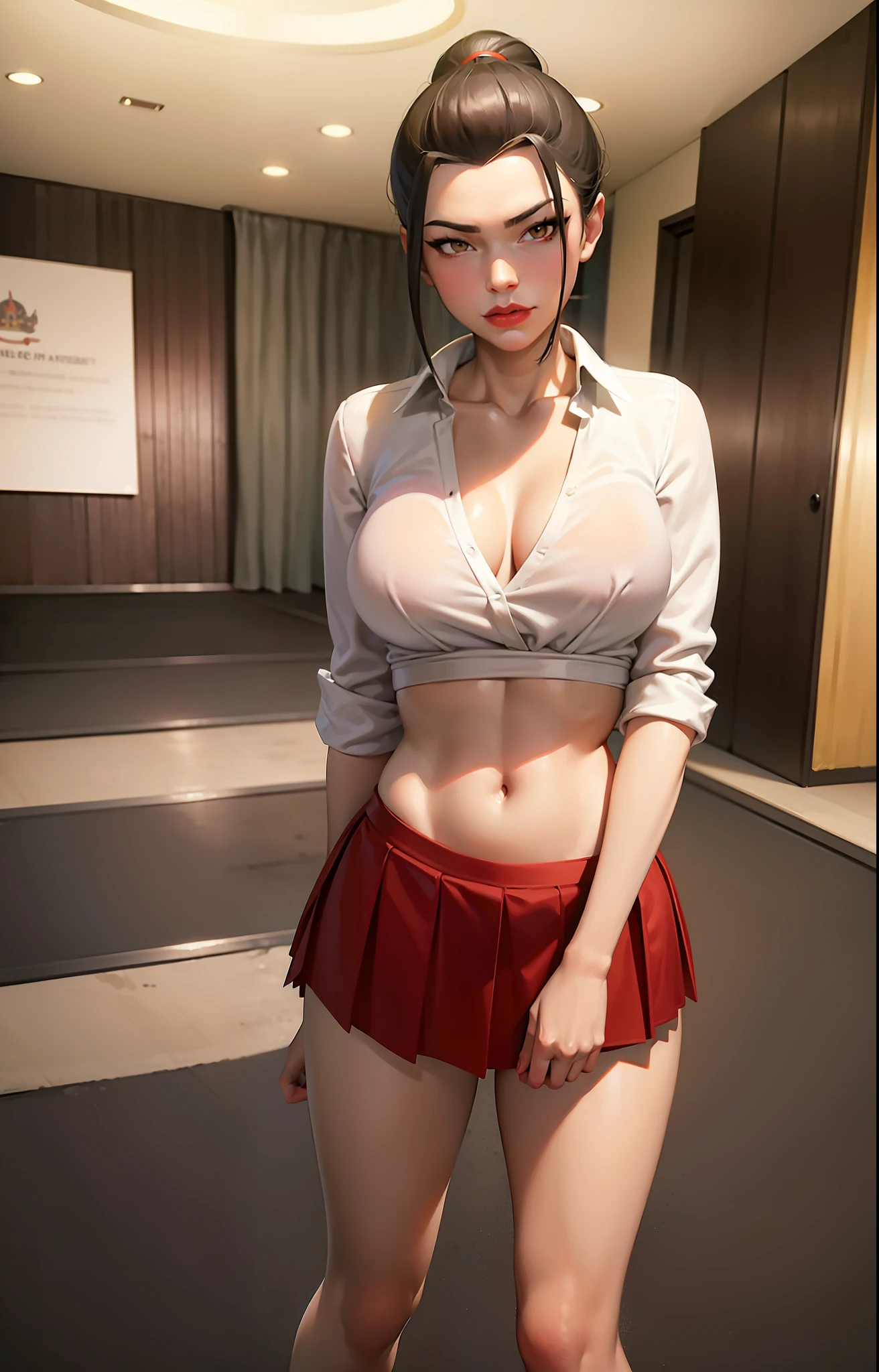 masterpiece, best quality, solo, 1girl, azula, closed mouth, smirk, makeup, cleavage, (white shirt, miniskirt, panties), wide hips, ass, big ass. standing, legs apart, lipstick, looking at the viewer, school background, erotica, gyaru, schoolgirl-whore