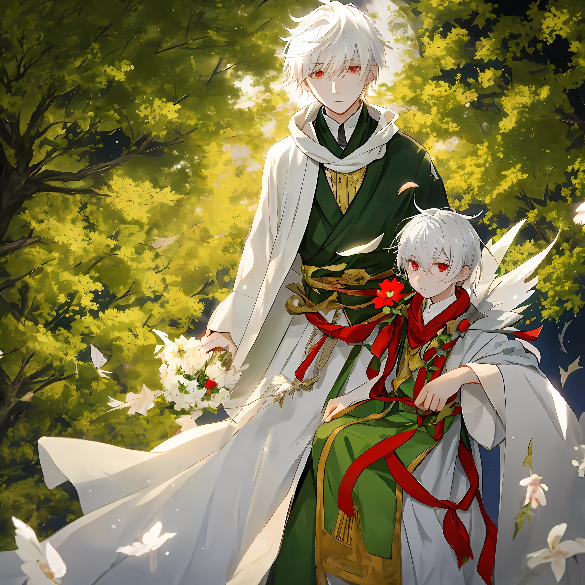 Under the World Tree, the white-haired and red-eyed Shota (about 1.6 meters tall) holds flowers