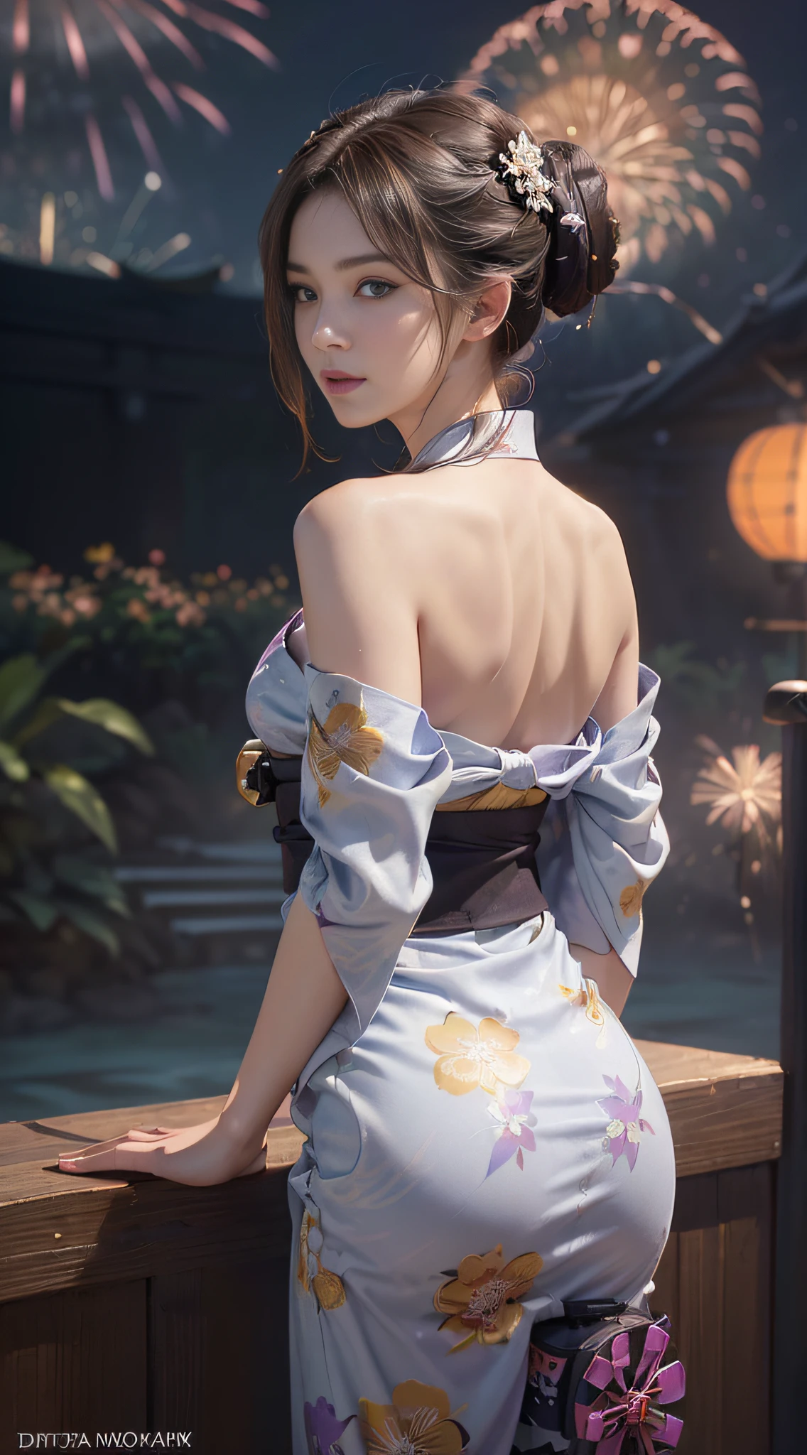 (pre-focused), (Darkness: 1.6), cinema lighting, hyper-realism women by David Hockney and Alphonse Mucha, photorealistic, paleskin, dynamic lighting, art station, posters, dark lighting, (((very detailed face)), mature atmosphere, eye detail, 8K, 1 girl, cool beautiful face, high nose, Ghibli heroine face, slender, glamorous body, (((taut)), ((big)), erotic body, stunning proportions, narrow shoulders, long legs, large waist, big buttocks, sexy style, waist constriction, ((small triangular face)), natural makeup, beautiful makeup, narrow eyes, hot spring, private bath, night, festival, stall, (((Fireworks)) , ((Pale Floral Yukata)), (((Colorful Yukata)), Waistband, Cowboy Shot, (Full Dress: 1.4), Hair Details, Hair Has Hair Up, Brown Hair, Background Bokeh, (Ultra Low Angle), Frontal Shot, Small Smile, Various Pose, (((Positive Face)), Face Does Not Collapse, Shoulders Do Not Show