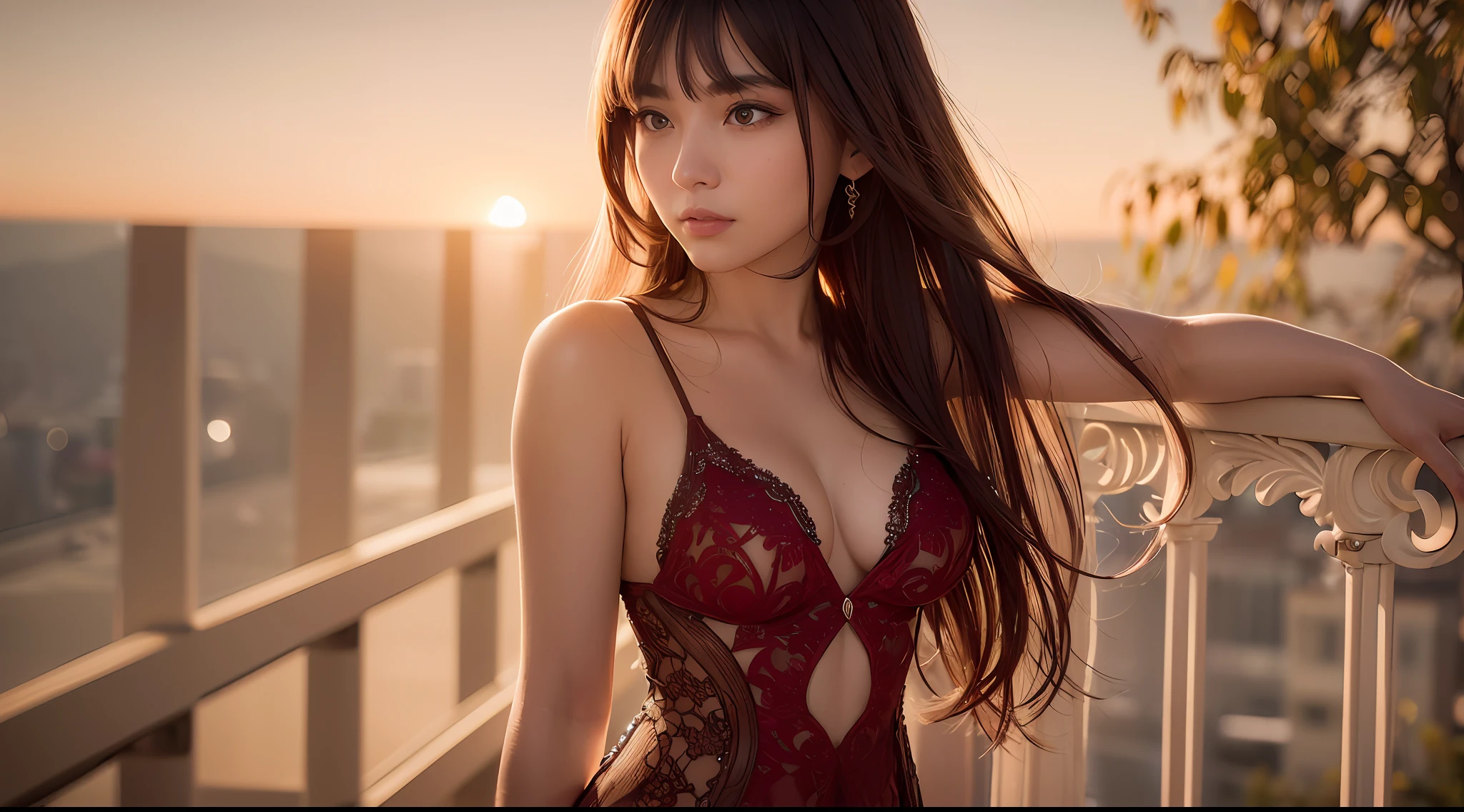 (full body photo from top to bottom, focus on genitalia), a couple of beautiful young woman (23 years old) Chinese wearing light red modern and sensual tulle body with gold details, in position of erotic genital stimulation with erotic accessory, on the balcony of a luxurious hotel in Hong Kong, showing off at the time of sunset with the sun rising in the background, (gorgeous eyes and face extremely detailed, insanely detailed, detailed clothing, smooth and detailed skin texture, realistic and detailed hands and feet), highly detailed RAW color photo, high detail, hyperdetailed:1.25, high quality, best quality, award-winning, (masterpiece), natural lighting, ray tracing, bokeh, HDR, UHD, absurd, detailed shadows, beautiful, (photorealistic), professional photography, sharp focus, intricate details, detailed background,