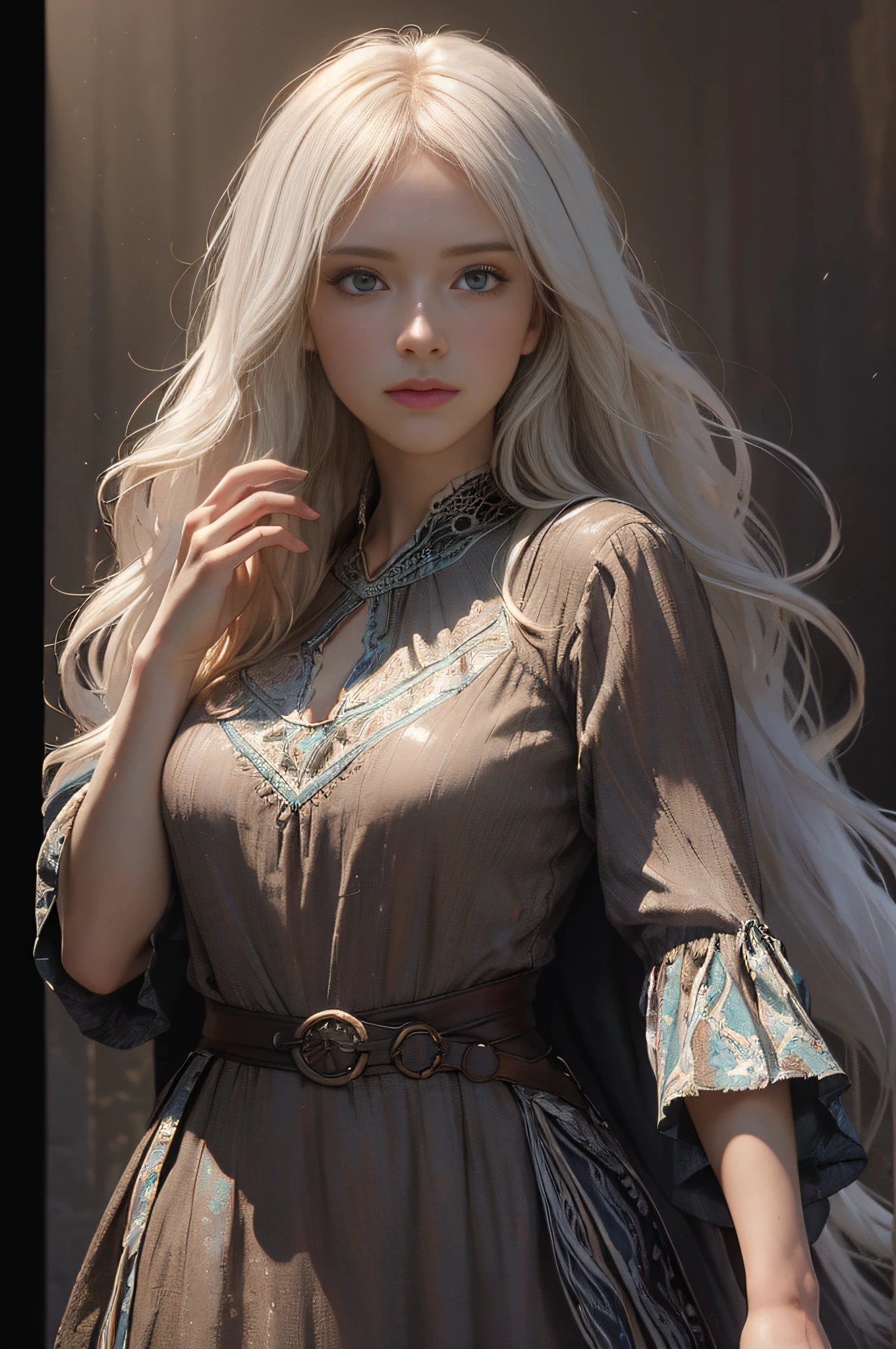 (front focus),(in the dark:1.6), Hyperrealist portrait of female by david hockney and alphonse mucha,fantasy art, photo realistic, dynamic lighting, artstation, poster, volumetric lighting, very detailed faces, 4 k, award winning,, 1girl, in the dark, deep shadow, low key,cowboy shot,(official clothing:1.4) ,long hair,white hair,