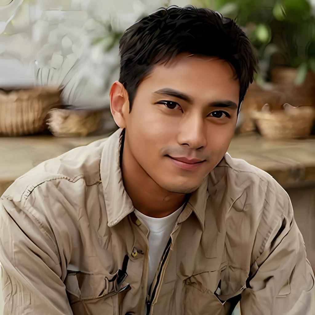 Brown man, hand on chin wearing light gray shirt, hair cropped low, sitting at a mall table, features would be smiling