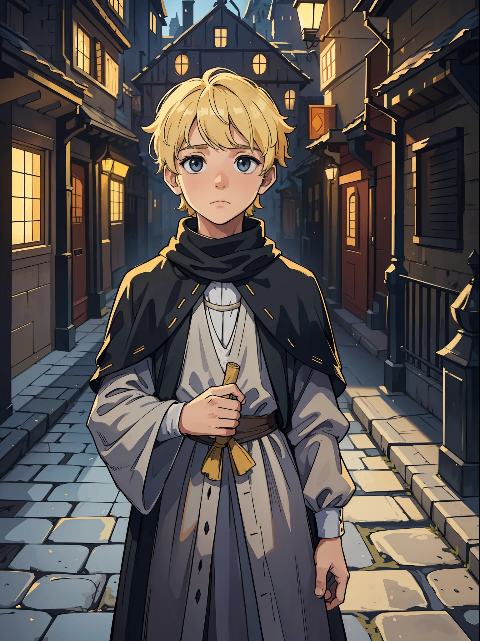 A young boy, a child, a boy with yellow blond bollards and a sweet and pure look, he wears simple medieval clothes, he is a wizard, support for a medieval RPG, he has a sweet, pure and hopeful look. Portray his sweetness and emotions, make a dramatic and expressive art, place this boy in a dark and gloomy city, with predominant black and gray colors, a dangerous periphery, a medieval city in the background, capricious in the shadows and contrates;