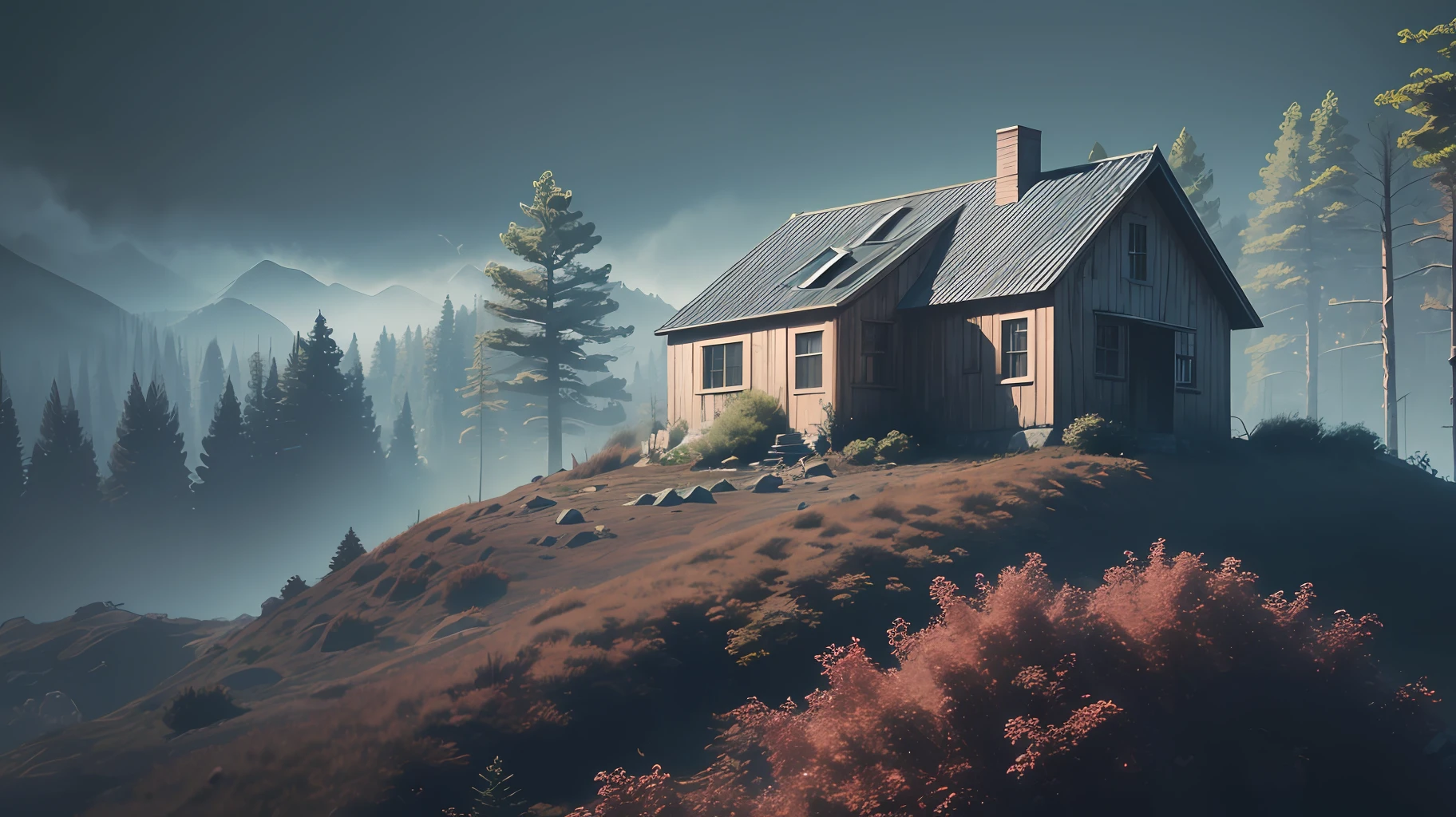 (High quality), (ultra realistic), A dark house isolated on a mountain in the middle of a shadowy forest --auto --s2