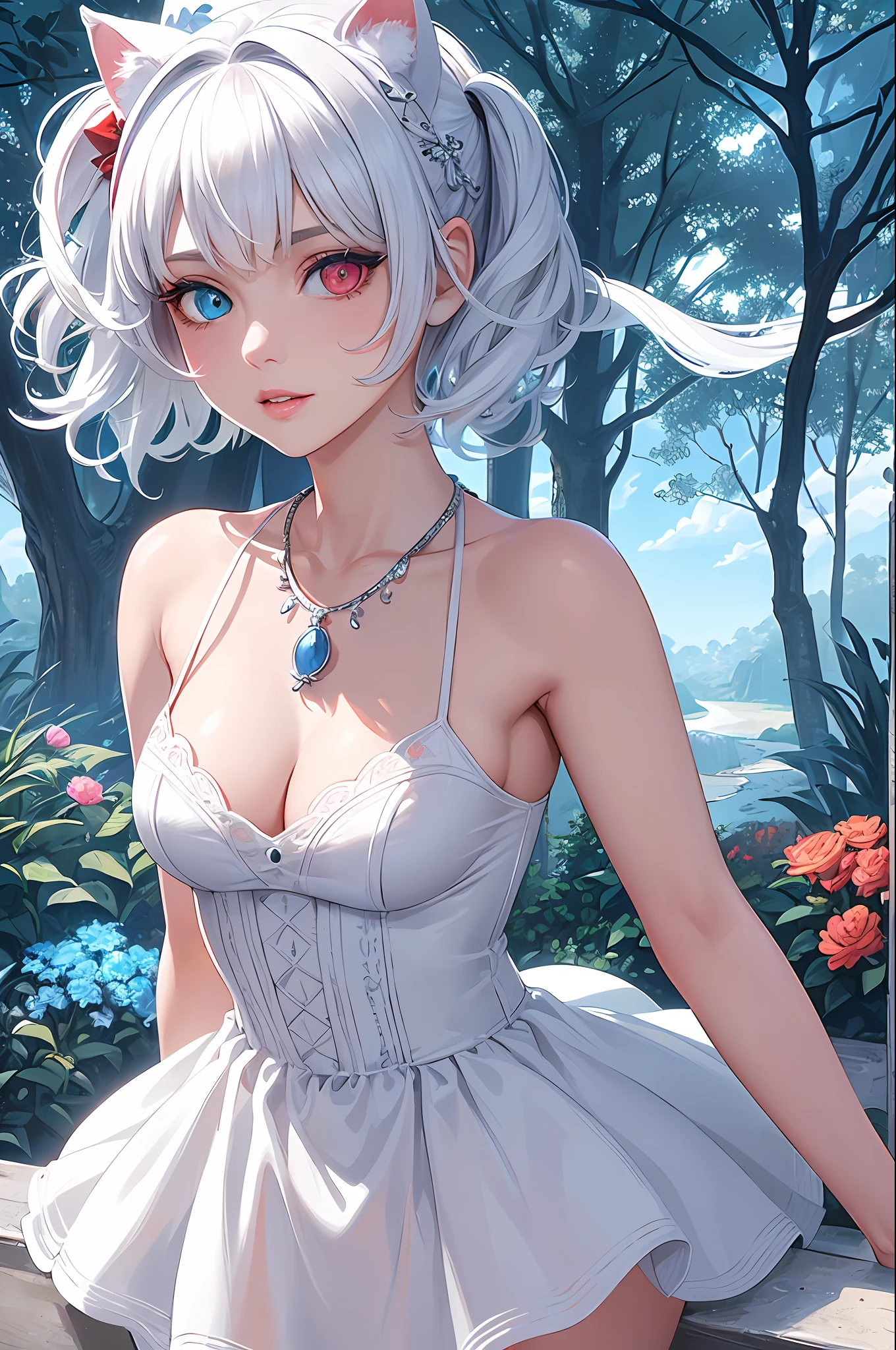 masterpiece, best quality, ultra-detailed, illustration,(1girl),beautiful detailed eyes, looking at viewer, close up, white short hair, shy, cat ears, ((glowing blue necklace)), forest in background, (blue and red eyes), thick lips, ((heterochromia)), black tank top, white pleated Skirt, ((petite)), mature woman