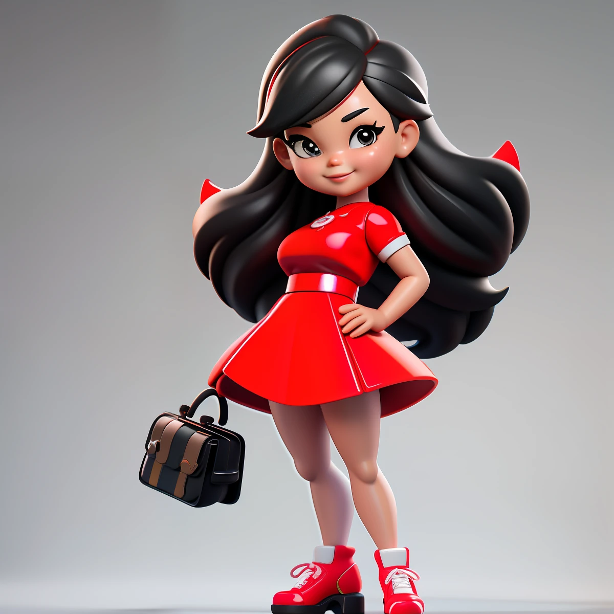 a close up of a cartoon character, Cute small humanoid Fashion HongKong lady, professional manager, 54-years-old, black straight long hair, big breast, passionate，beauty, smile with very deep dimples，tall, fit, Sexy，Wearing red short T-shirt and white miniskirt , Wearing super high heels shoes, holding a hermes bag，Toy figures,(full body view), blank white backgroud, best quality, 3d cartoon，full body view, studio lighting，fantasy, dreamlike, surrealism, super cute, render of a cute 3d anime girl, cute 3 d render, 3 d render stylized, 3 d character, 3d character, 3 d character render, toon render keyshot, highly detailed character, cartoon character, cute cartoon character, female explorer mini cute girl, stylized 3d render,full body view, fantasy, dreamlike, surrealism, super cute,masterpiece,best quality, trending on artstation,cute 3 d render, 3 d render stylized, 3 d character, 3d character, 3 d character render, toon render keyshot, highly detailed character, cartoon character, cute cartoon character,