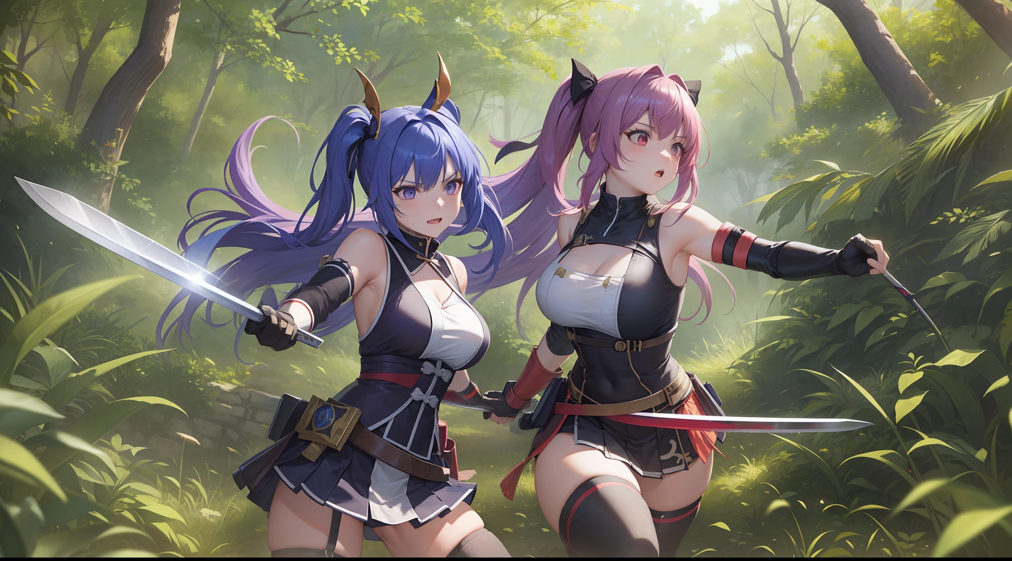 Full body shot of two female character from Dead or Alive game. Kasumi versus Ayane, 1 versus 1, fighting in a fierce duel death match with short swords, weapon with serious expression. One of them take lethal slash and wounded. They have long loose hairstyle and, small thighs, and slender legs. They are wearing different color of traditional sleeveless kimono, proper skirt with no slit, an obi tied on back hip. Both of them are wearing a pair of thin long black elbow gloves, a pair of black thigh highs, and black shoes. Background set in a lush forest.
