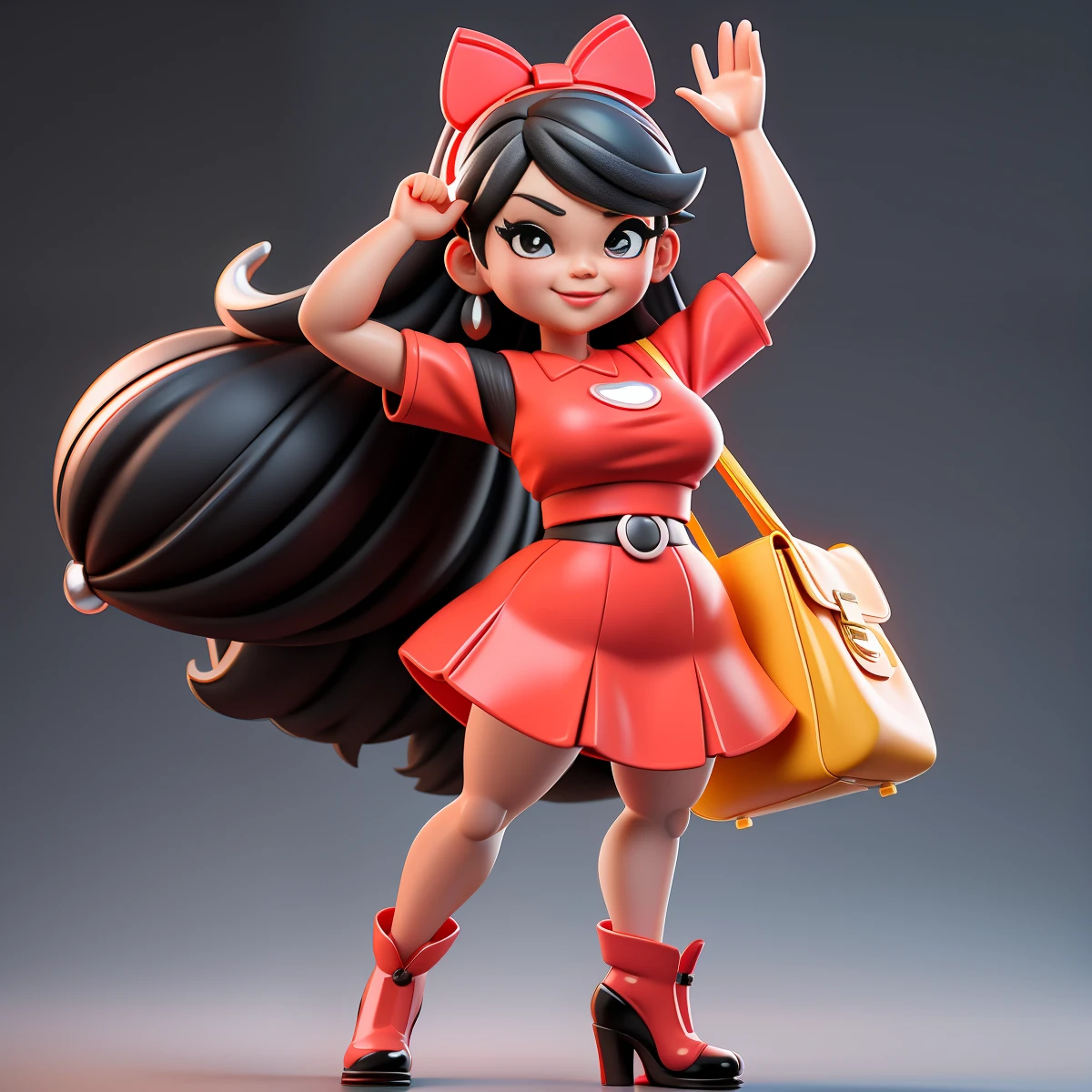a close up of a cartoon character, Cute small humanoid Fashion HongKong lady, professional manager, 54-years-old, black straight long hair, big breast, passionate,beauty, smile with very deep dimples,tall, fit, Sexy,Wearing red short T-shirt and white miniskirt , Wearing super high heels shoes, holding a hermes bag,Toy figures,(full body view), blank white backgroud, best quality, 3d cartoon,full body view, studio lighting,fantasy, dreamlike, surrealism, super cute, render of a cute 3d anime girl, cute 3 d render, 3 d render stylized, 3 d character, 3d character, 3 d character render, toon render keyshot, highly detailed character, cartoon character, cute cartoon character, female explorer mini cute girl, stylized 3d render,full body view, fantasy, dreamlike, surrealism, super cute,masterpiece,best quality, trending on artstation,cute 3 d render, 3 d render stylized, 3 d character, 3d character, 3 d character render, toon render keyshot, highly detailed character, cartoon character, cute cartoon character,