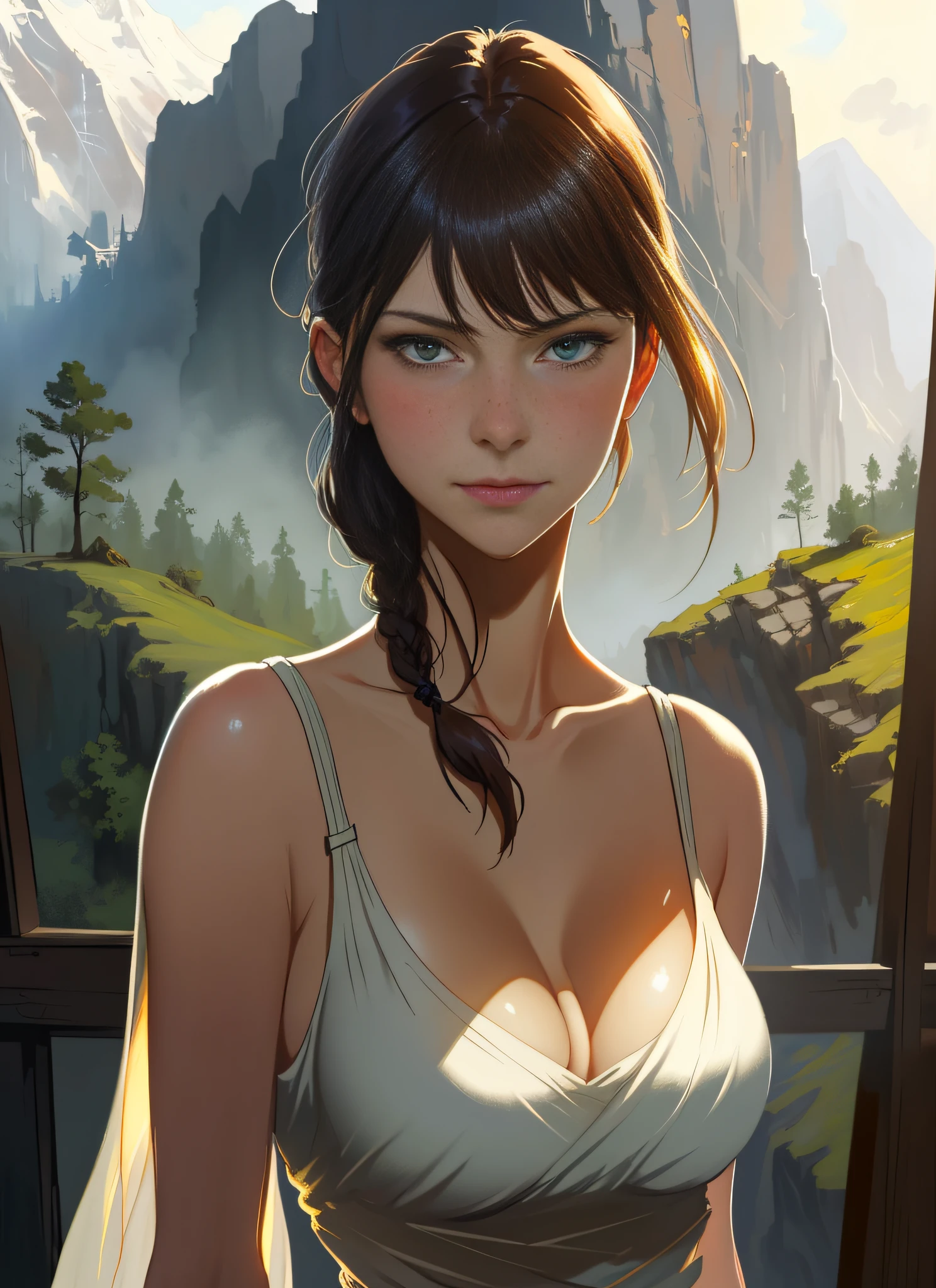 modelshoot style, medium shot, looking at me, medium shot, a sexy busty german light brunette women in a white dress, german mountains background, busty, large breasts, smile), braided hair, ponytail, blue eyes, (female face), (delicate face), (detailed face), ((elegant)), ((naughty face)), symmetrical face, looking at me, colorful environment soft lighting, sharp focus on eyes, perfect eyes, professionally retouched, realistic, looking at viewer, same size arms, concept art, sharp focus, depth of field blur, illustration, soft focus, large cleavage, (extremely detailed CG unity 8k wallpaper), full shot body photo of the most beautiful artwork in the world, professional majestic oil painting by Ed Blinkey, Atey Ghailan, Studio Ghibli, by Jeremy Mann, Greg Manchess, Antonio Moro, trending on ArtStation, trending on CGSociety, Intricate, High Detail, Sharp focus, dramatic, photorealistic painting art by midjourney and greg rutkowski