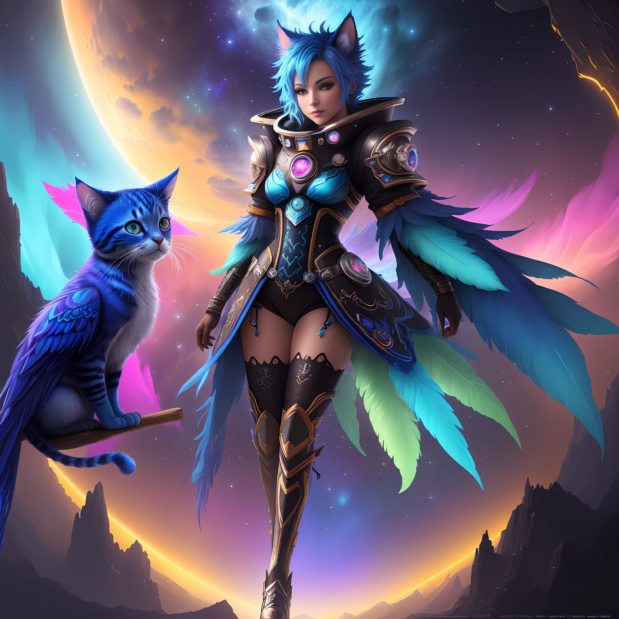 arafed kitten with blue hair and colorful feathers in a spacesuite, colorfull digital fantasy art, gorgeous digital art, fantasy art style, beautiful digital artwork, 4k highly detailed digital art, stunning digital illustration, fantasy art behance, digital art fantasy, epic fantasy art style hd, fantasy digital art, beautiful gorgeous digital art, digital fantasy art )