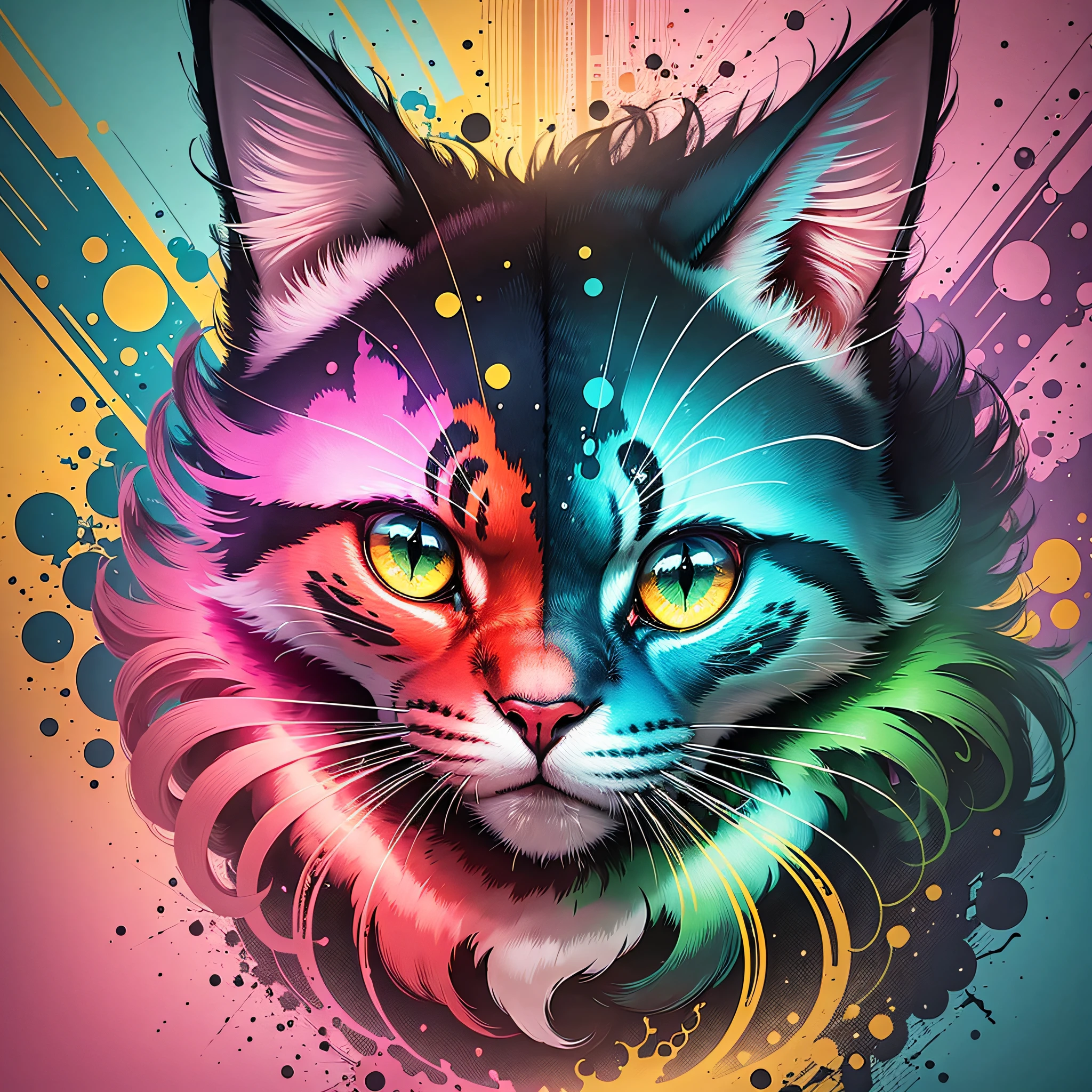technicolor, vibrant, Tech Cat, radioactive glow, Biohazard, abstract art by Petros Afshar, supersaturated
