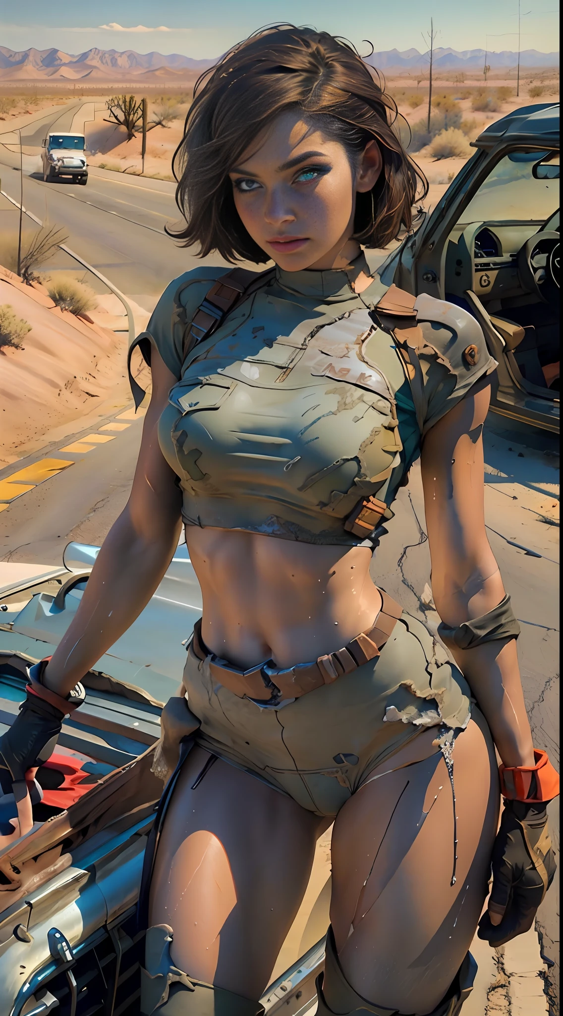 Beautiful brunette woman,sweaty body,short hair with cap,short underwear,thick thighs set body,bottom to top angle,8k,ultra realistic,on a sunny desert road,with car planes and destroyed buildings,apocalyptic scenery